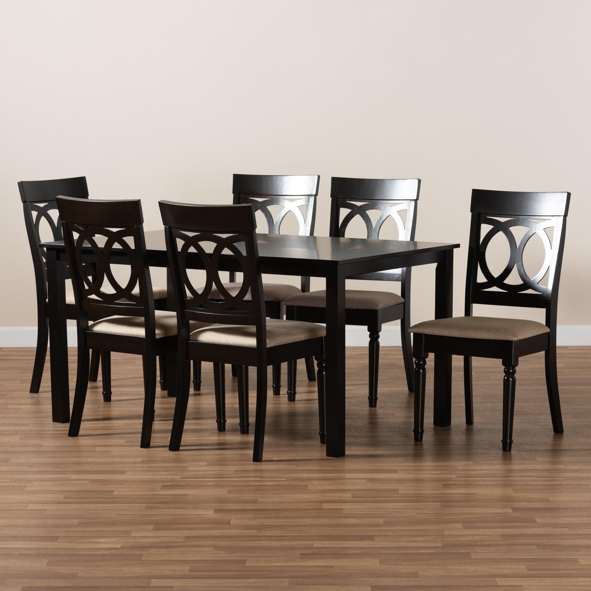 Lucie Modern and Contemporary Sand Fabric Upholstered and Finished Wood 7-Piece Dining Set