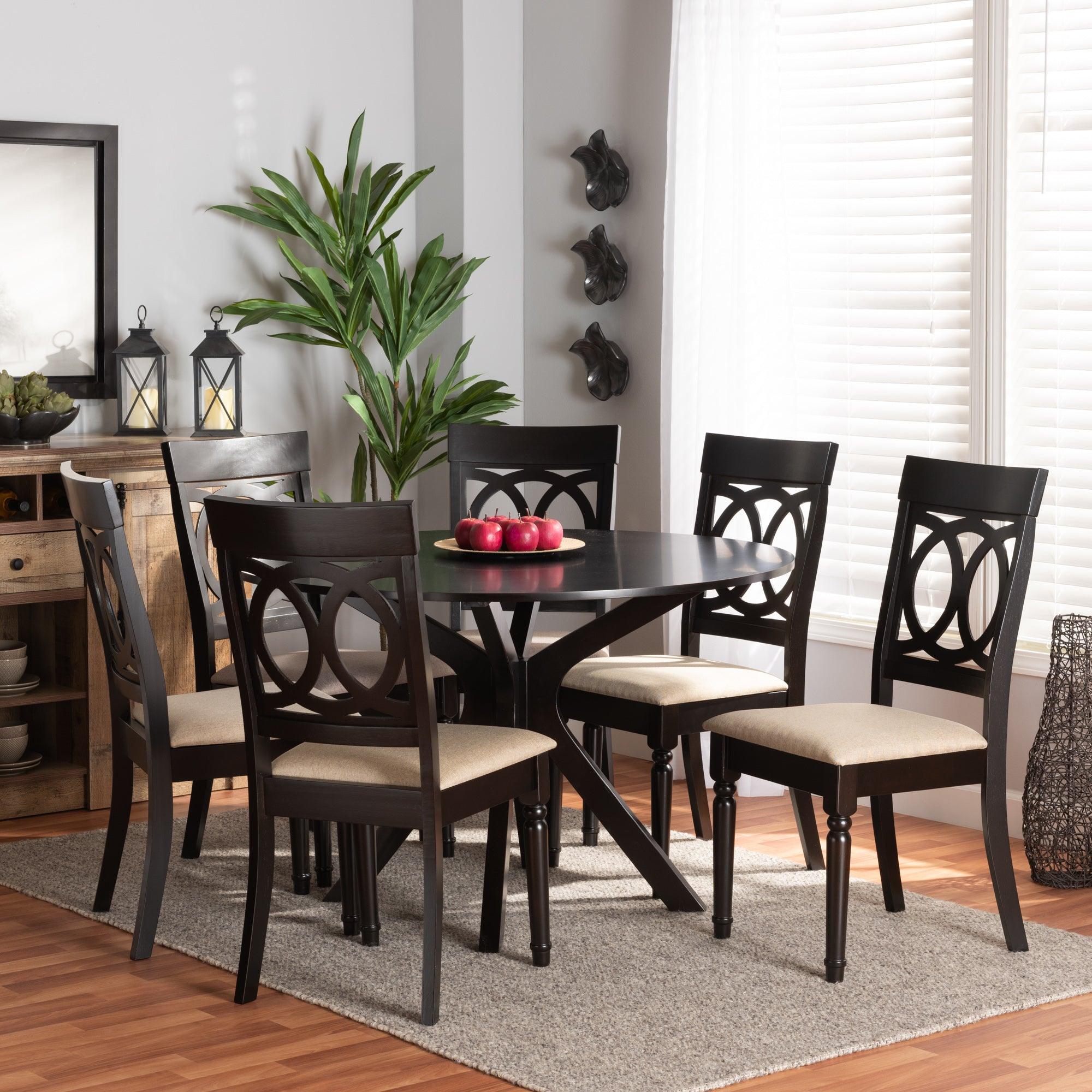 Jessie Modern and Contemporary Sand Fabric Upholstered and Finished Wood 7-Piece Dining Set