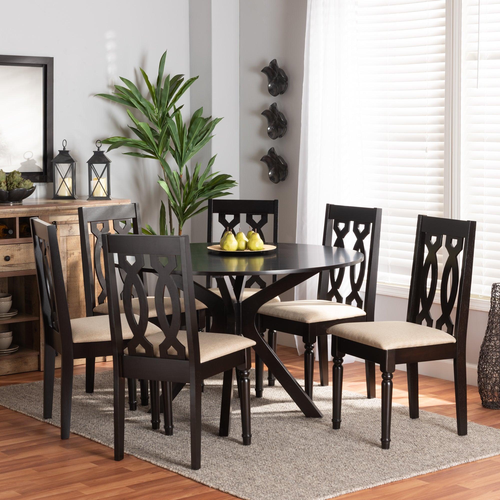 Callie Modern and Contemporary Sand Fabric Upholstered and Finished Wood 7-Piece Dining Set