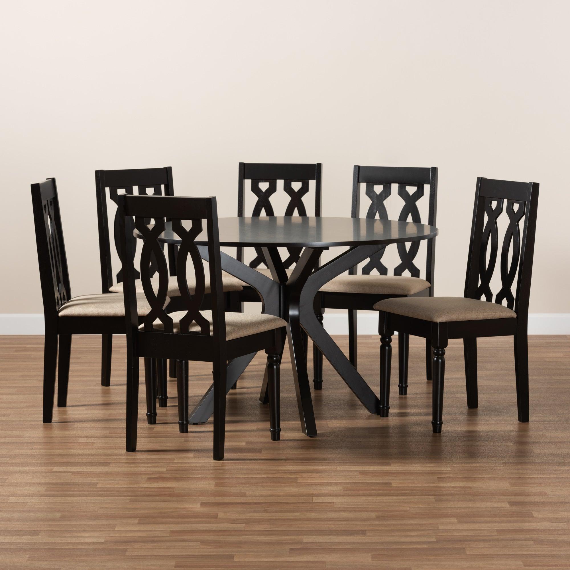 Callie Modern and Contemporary Sand Fabric Upholstered and Finished Wood 7-Piece Dining Set
