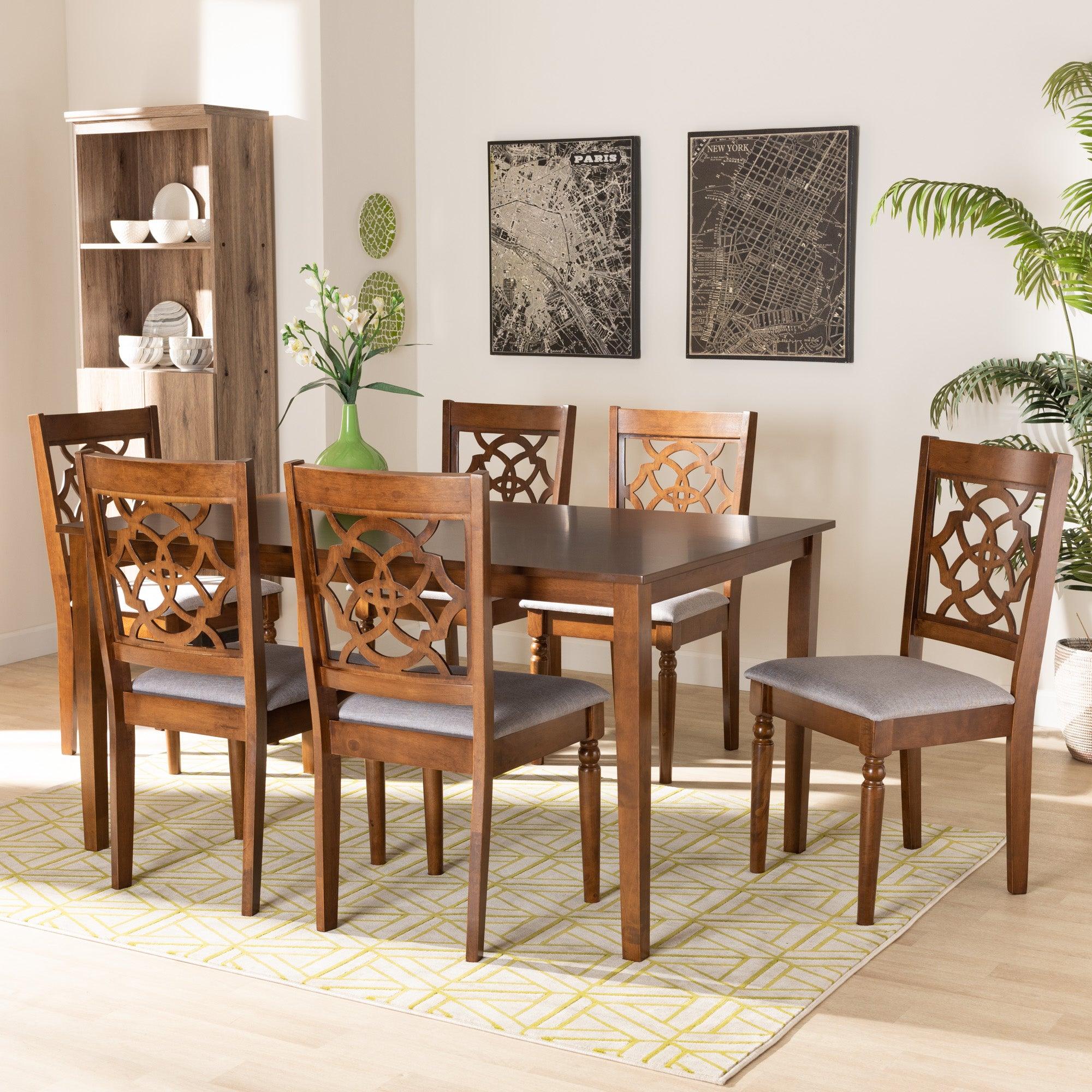 Renaud Modern and Contemporary Fabric Upholstered and Finished Wood 7-Piece Dining Set