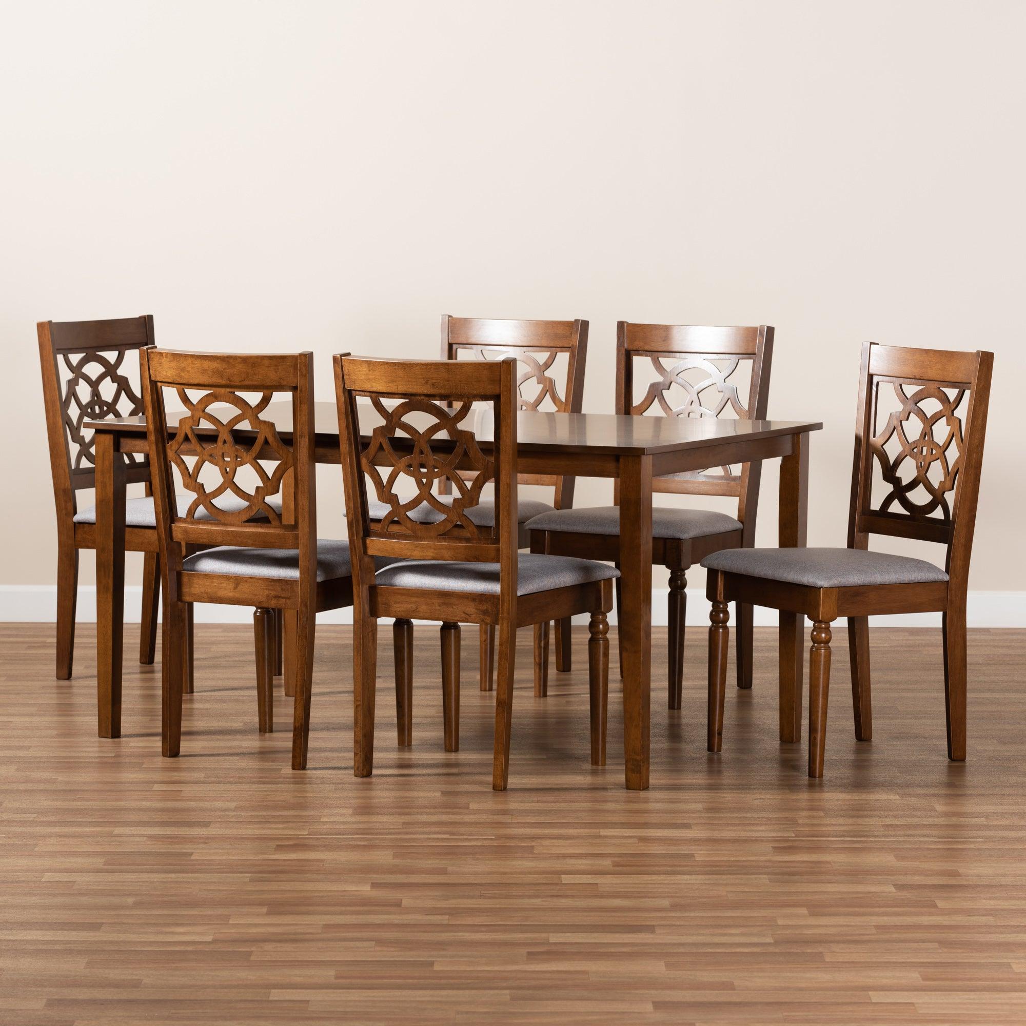 Renaud Modern and Contemporary Fabric Upholstered and Finished Wood 7-Piece Dining Set