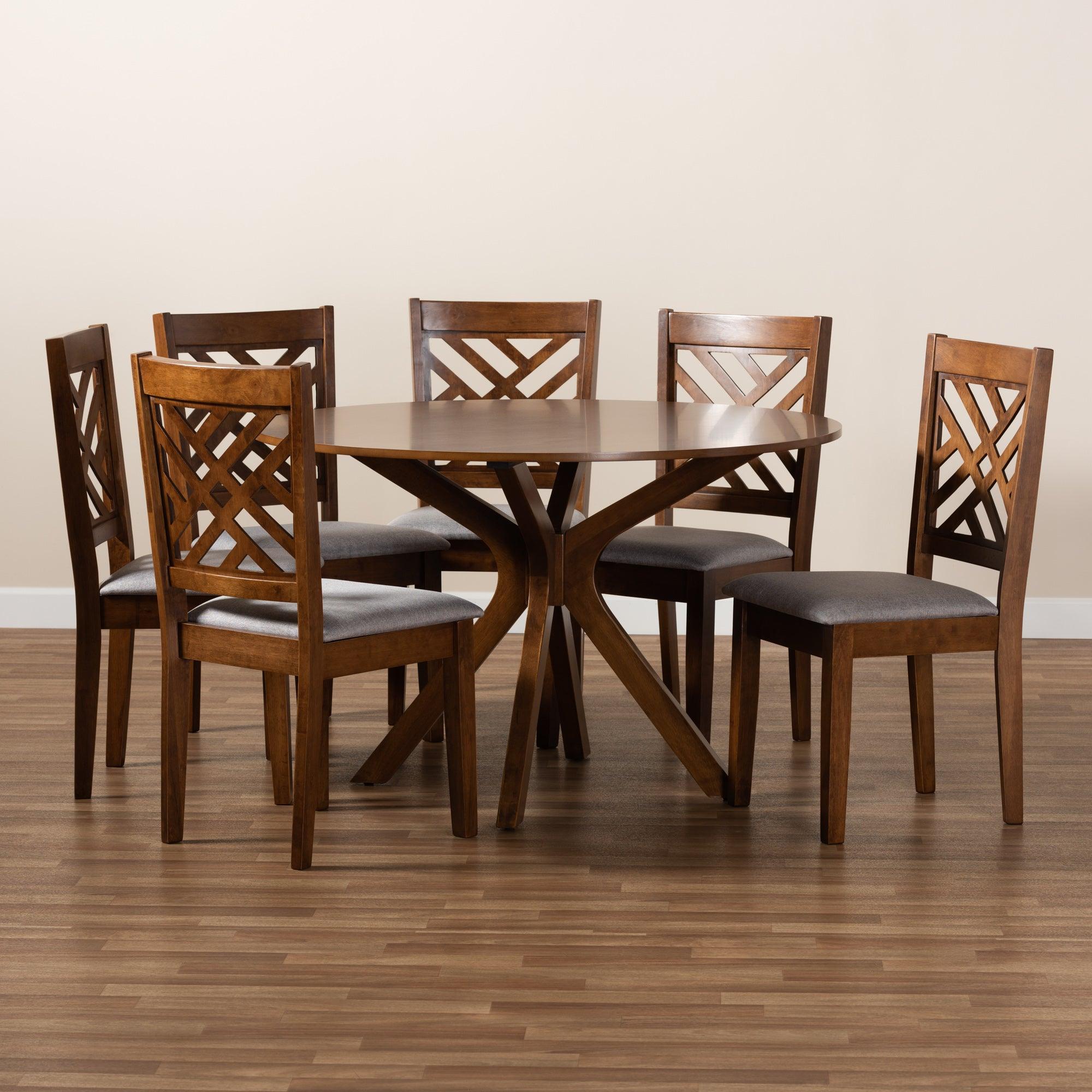 Norah Modern and Contemporary Fabric Upholstered and Finished Wood 7-Piece Dining Set