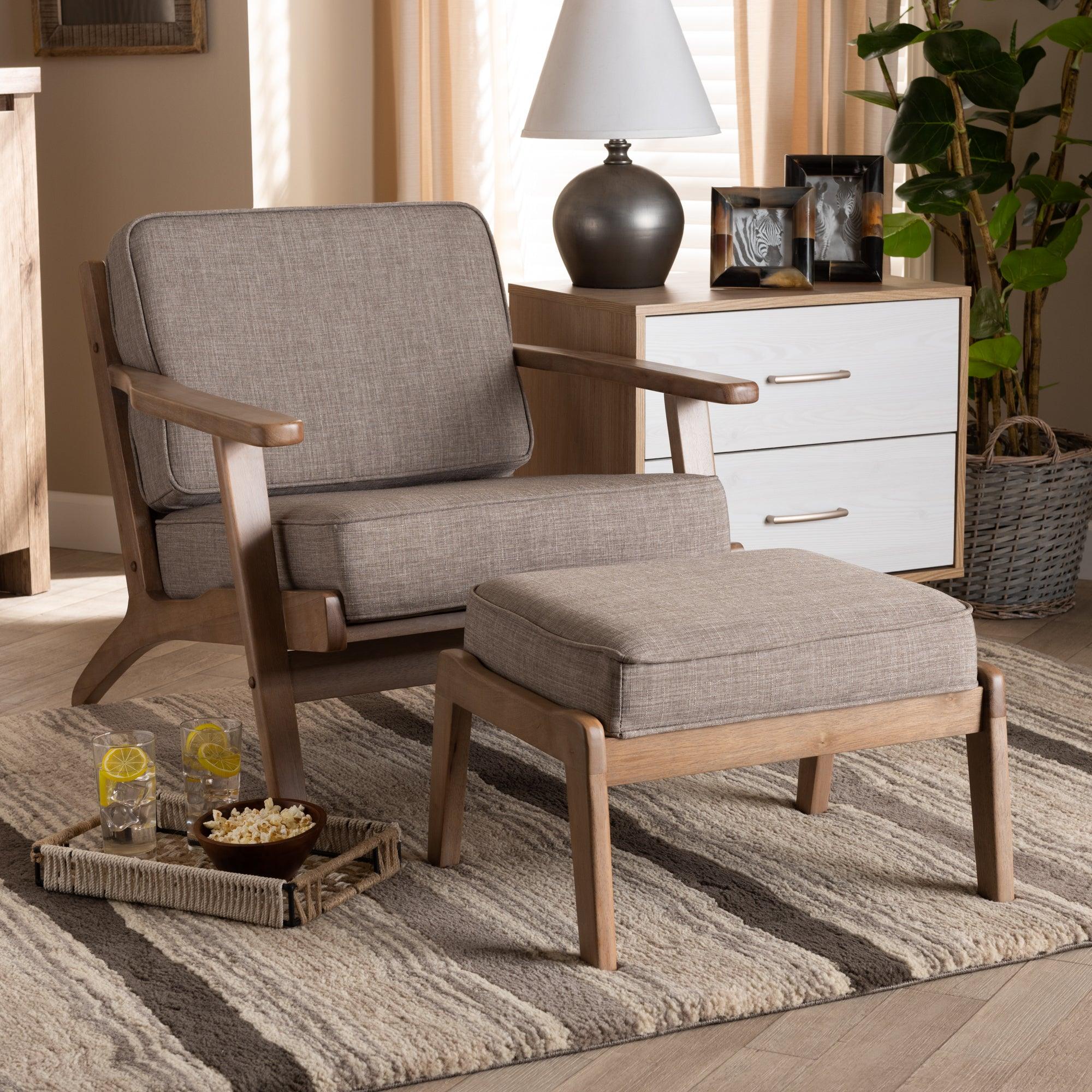 Sigrid Mid-Century Modern Light Fabric Upholstered Antique Finished 2-Piece Wood Armchair and Ottoman Set