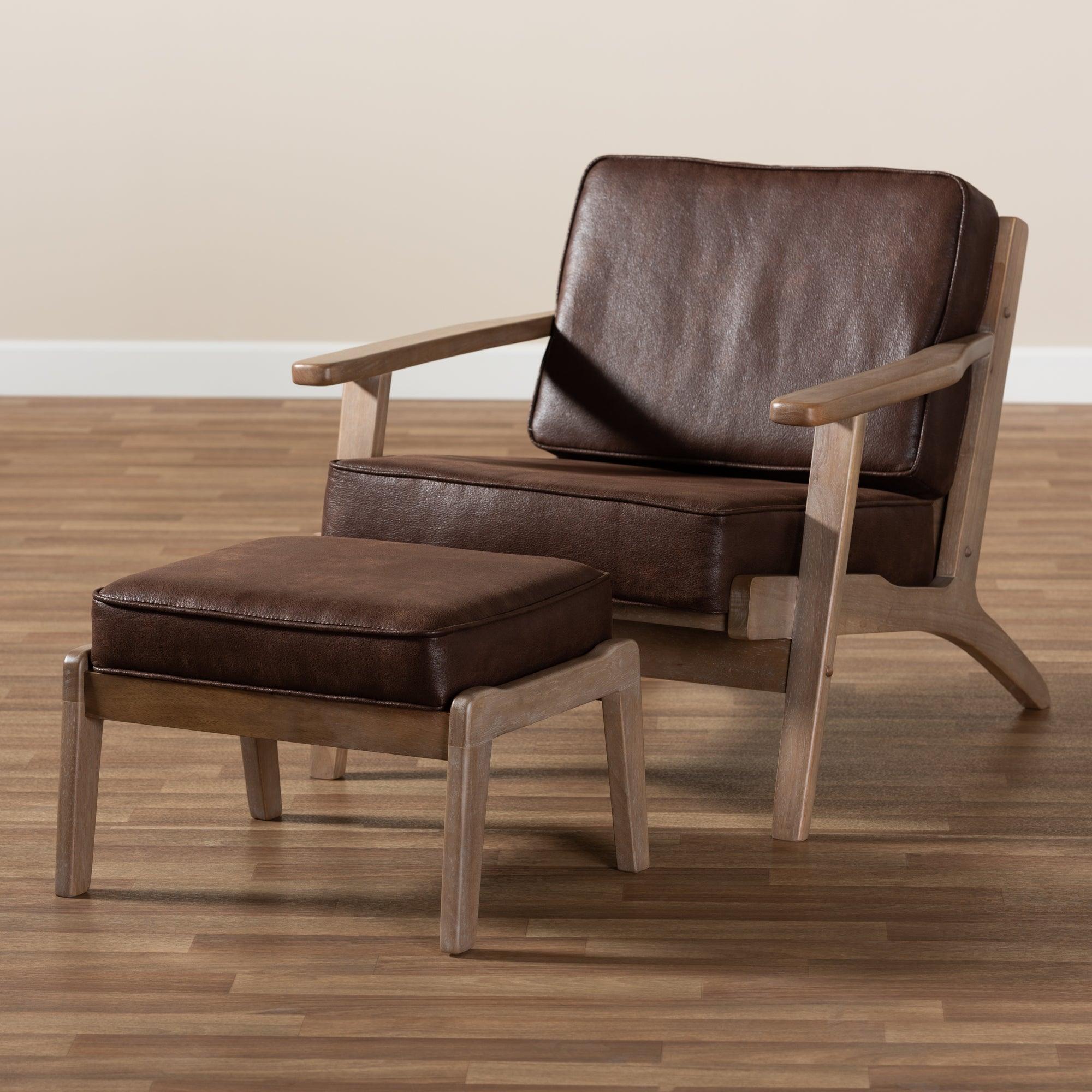Sigrid Mid-Century Modern Faux Leather Effect Fabric Upholstered Antique Finished 2-Piece Wood Armchair and Ottoman Set