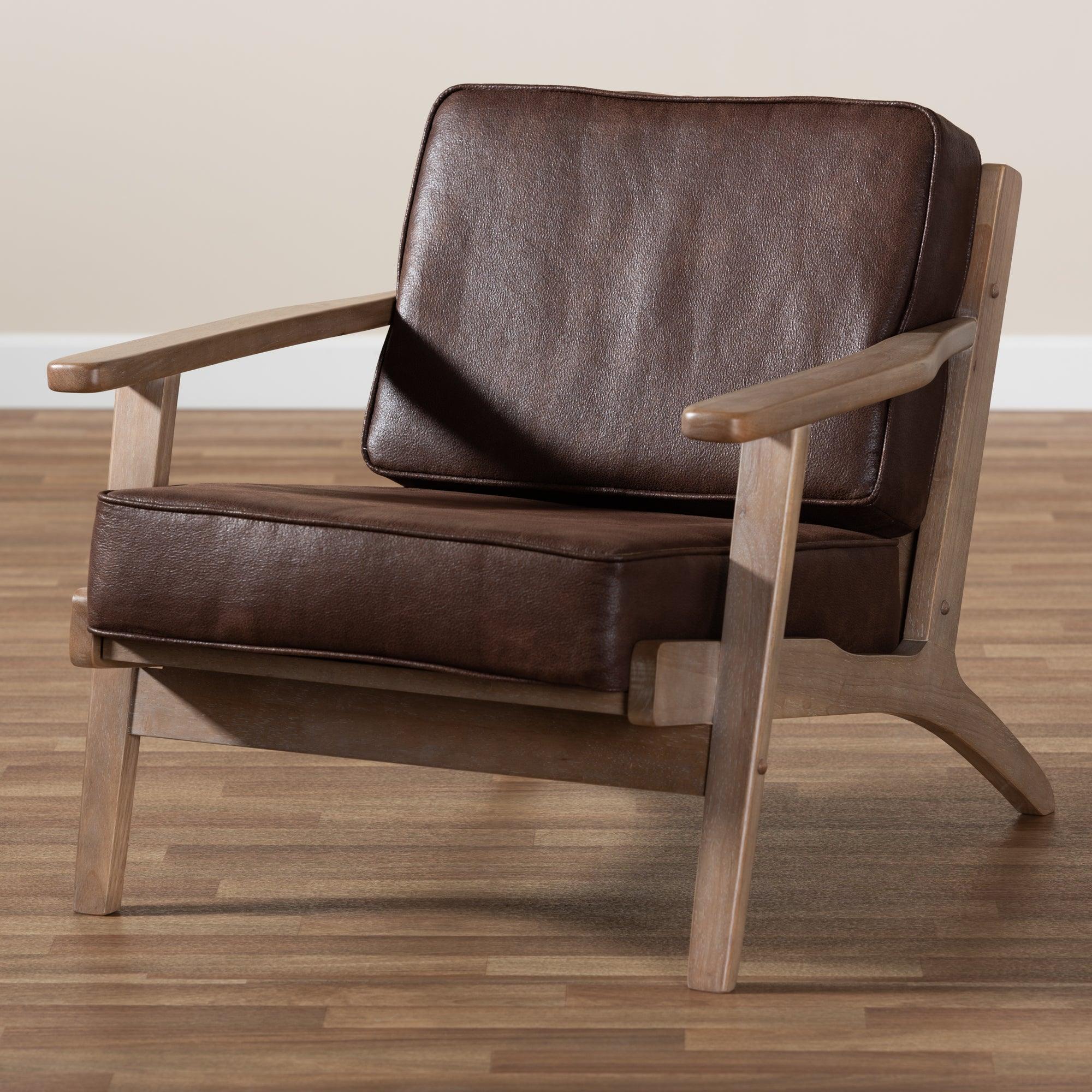 Sigrid Mid-Century Modern Faux Leather Effect Fabric Upholstered Antique Finished Wood Armchair