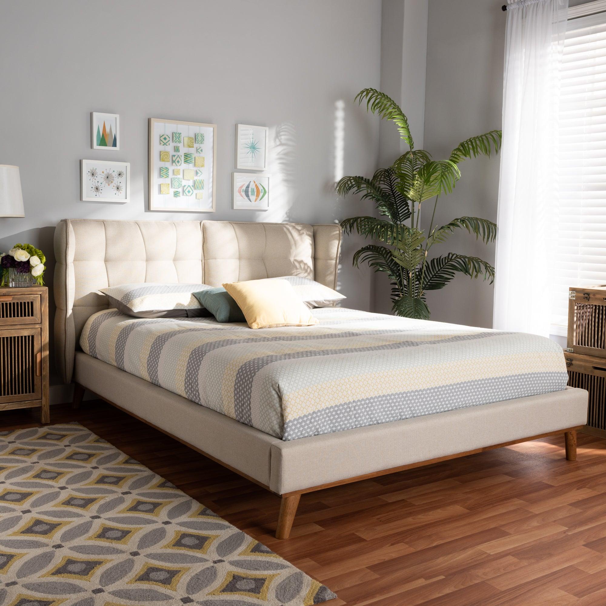Gretchen Modern and Contemporary Light Fabric Upholstered and Finished Wood Platform Wingback Bed