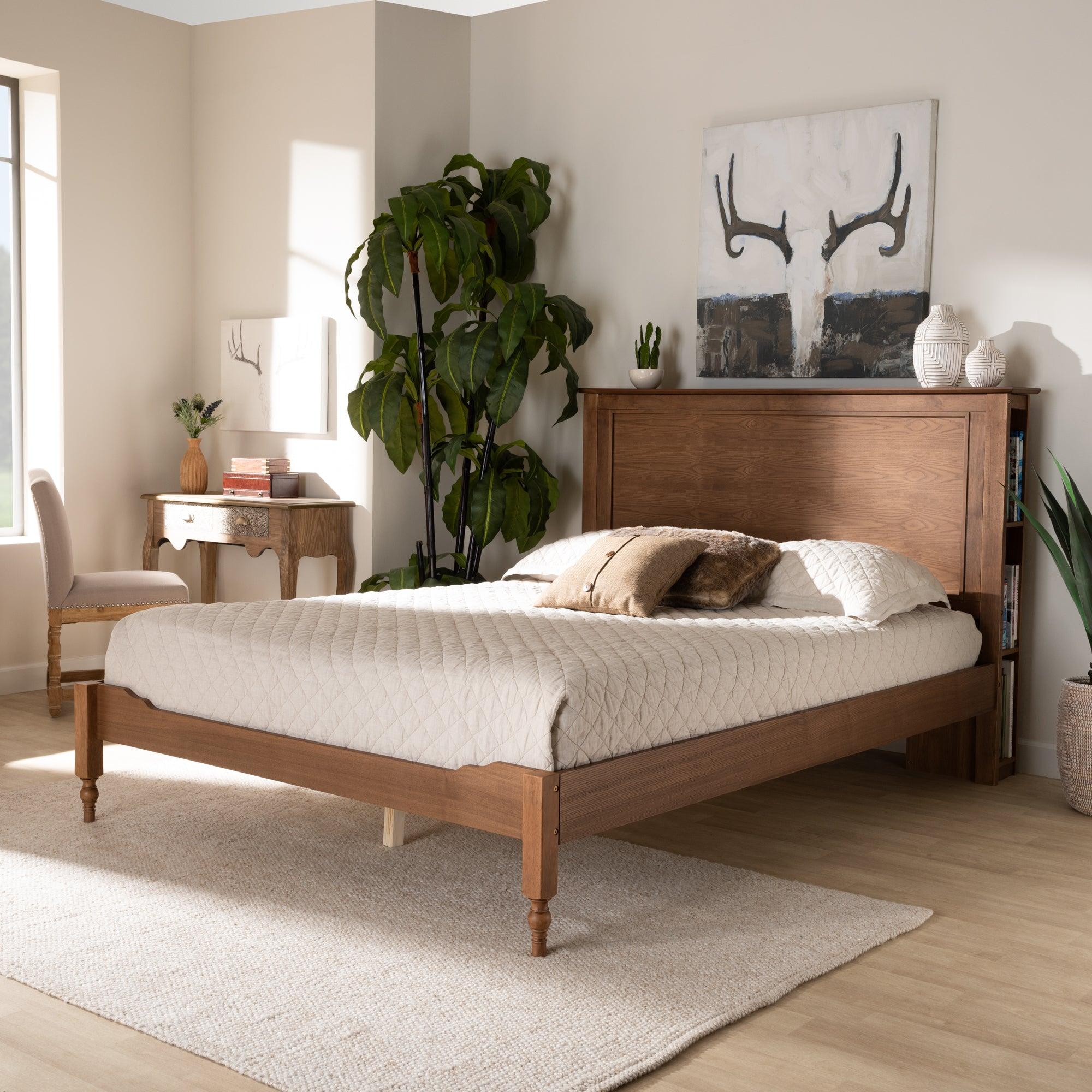 Danielle Traditional and Transitional Rustic Ash Finished Wood Platform Storage Bed with Built-In Shelves