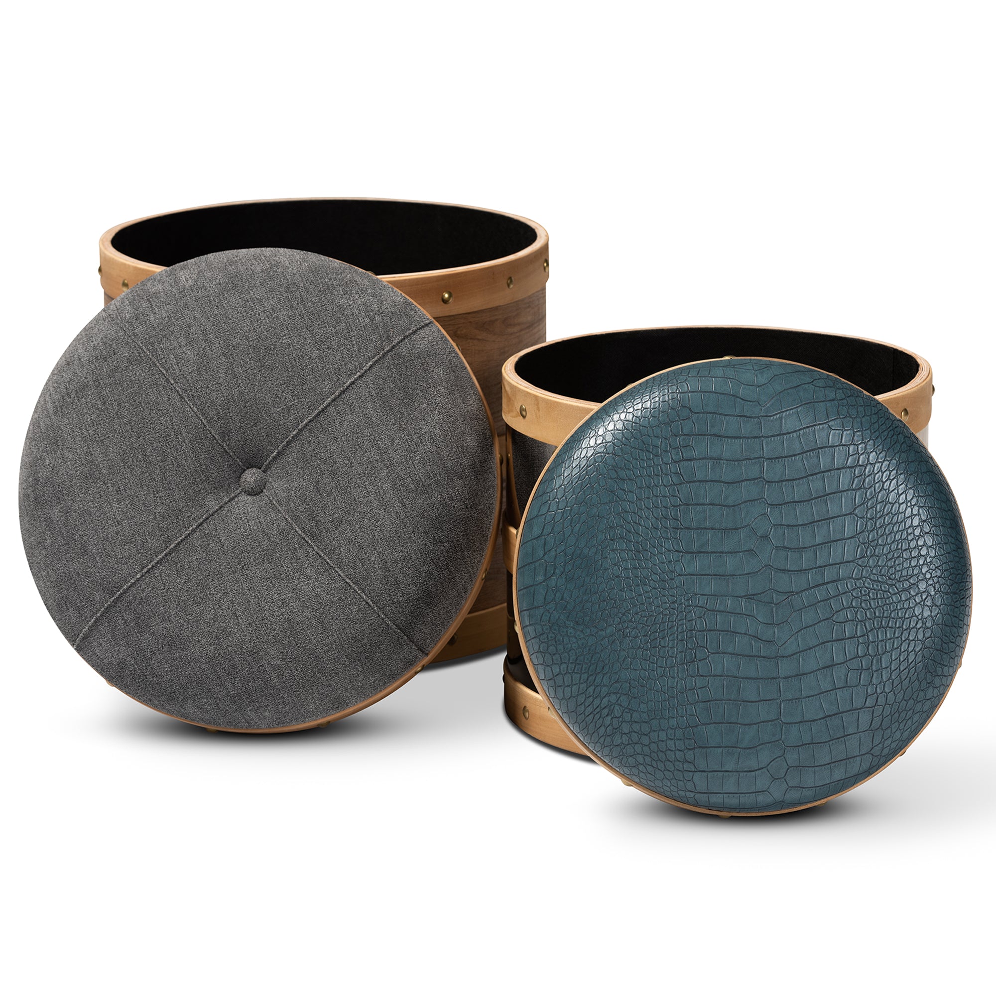 Caleb Modern Fabric and Alligator Faux Leather 2-Piece Storage Ottoman Set