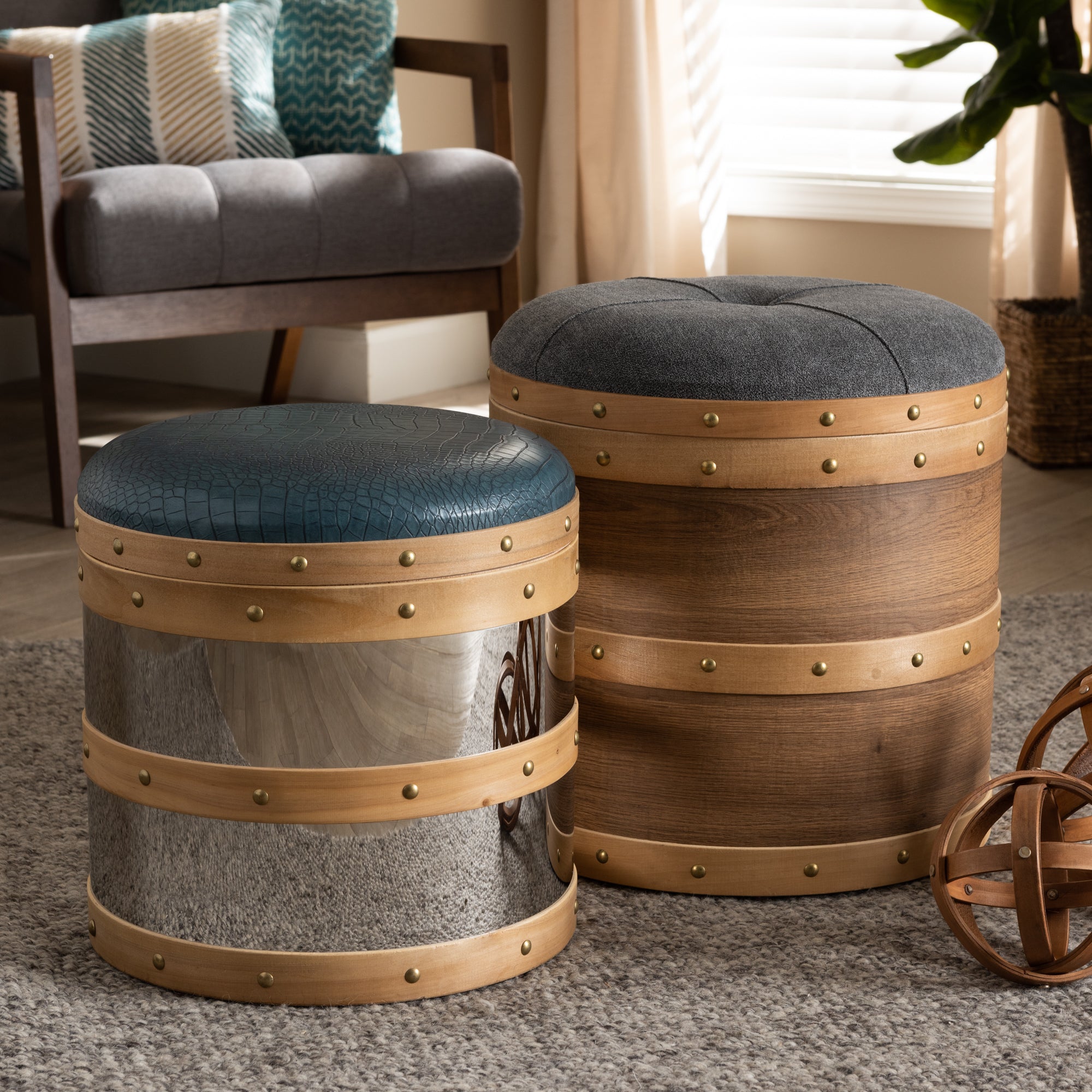 Caleb Modern Fabric and Alligator Faux Leather 2-Piece Storage Ottoman Set