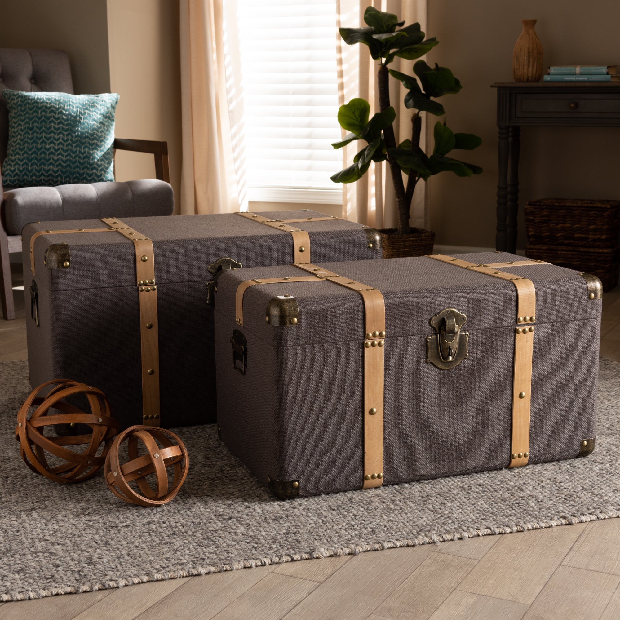 Stephen Modern and Contemporary Transitional Fabric Upholstered and Finished 2-Piece Storage Trunk Set