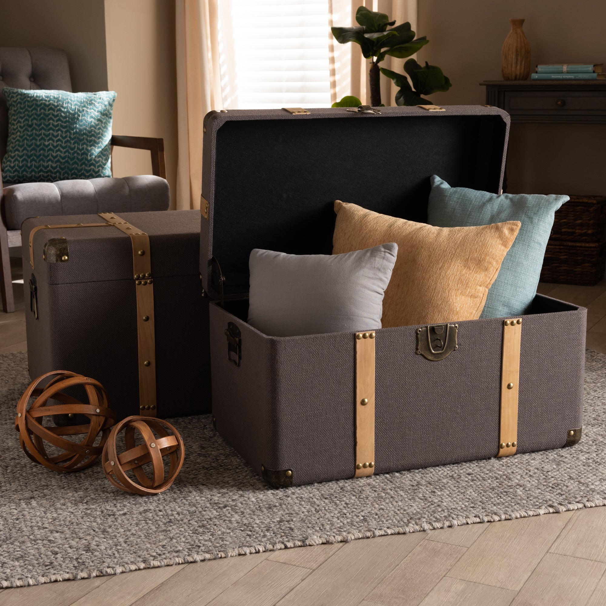 Stephen Modern and Contemporary Transitional Fabric Upholstered and Finished 2-Piece Storage Trunk Set
