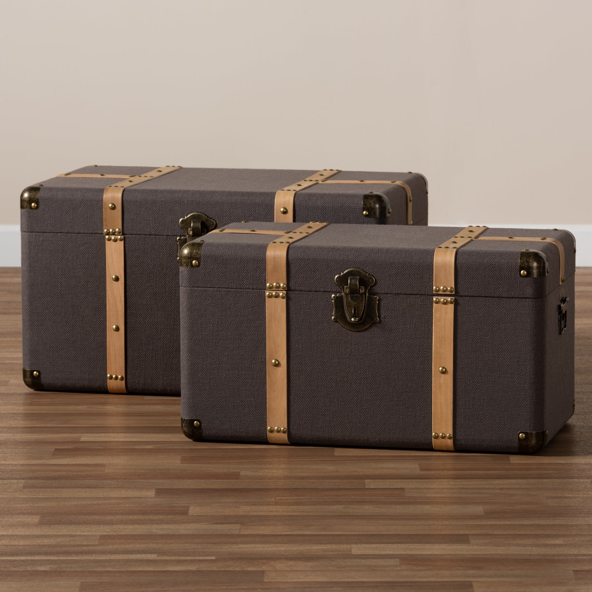 Stephen Modern and Contemporary Transitional Fabric Upholstered and Finished 2-Piece Storage Trunk Set