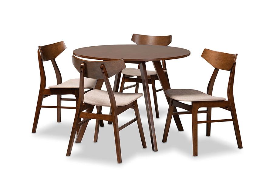 Timothy Mid-Century Modern Transitional Light Fabric Upholstered and Finished Wood 5-Piece Dining Set