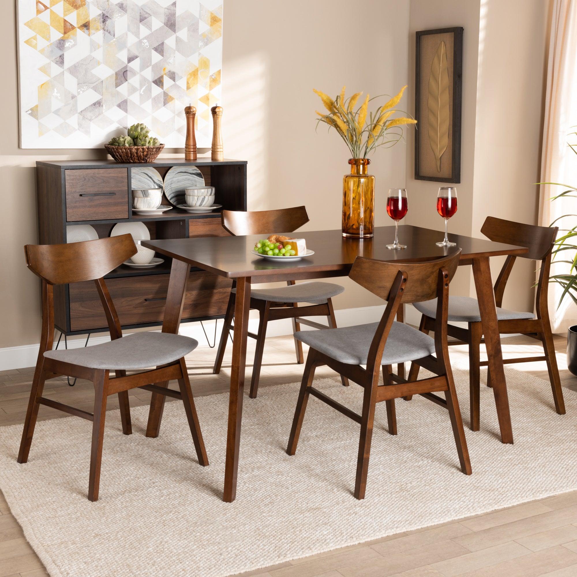 Lois Mid-Century Modern Transitional Light Fabric Upholstered and Finished Wood 5-Piece Dining Set