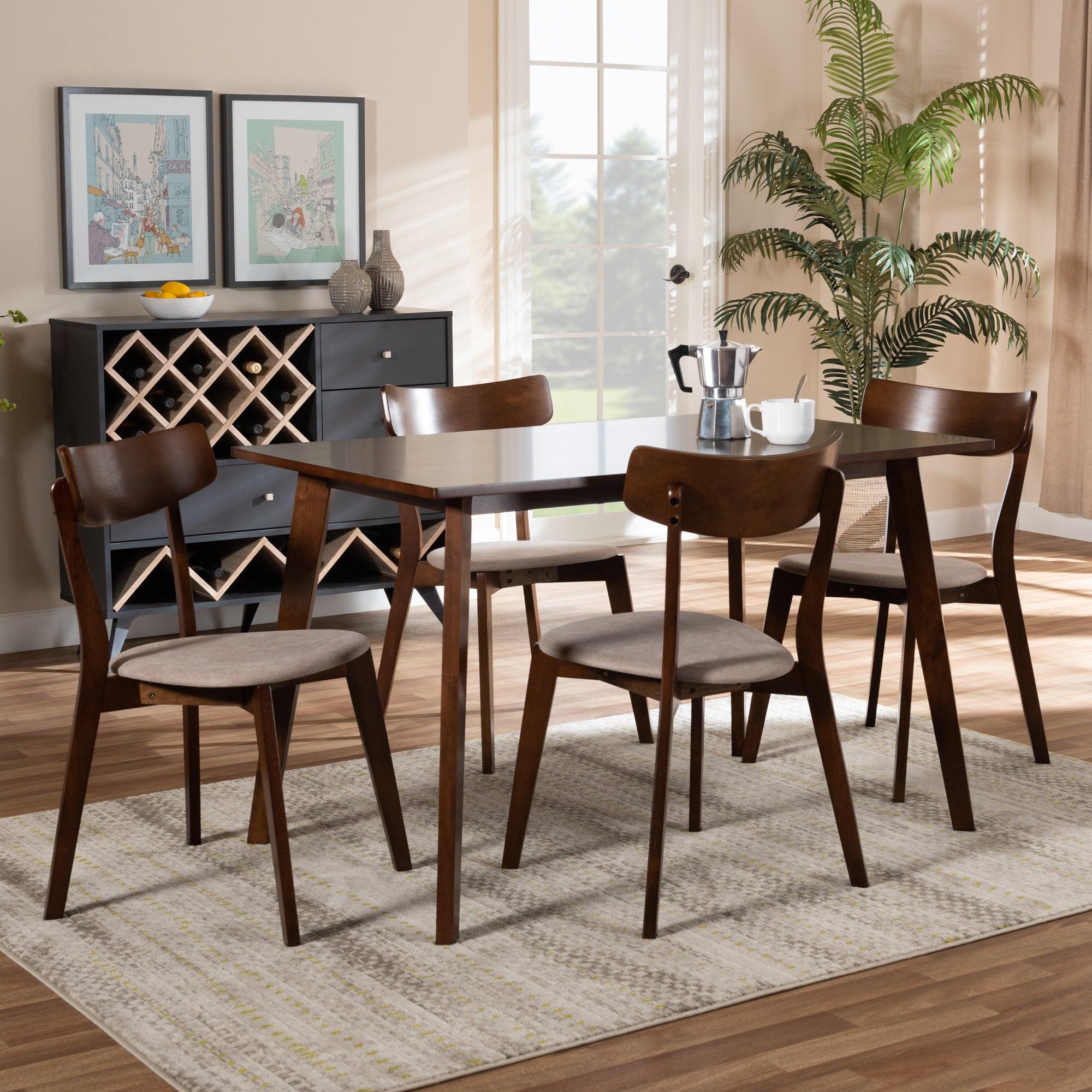Nori Mid-Century Modern Transitional Light Fabric Upholstered and Finished Wood 5-Piece Dining Set