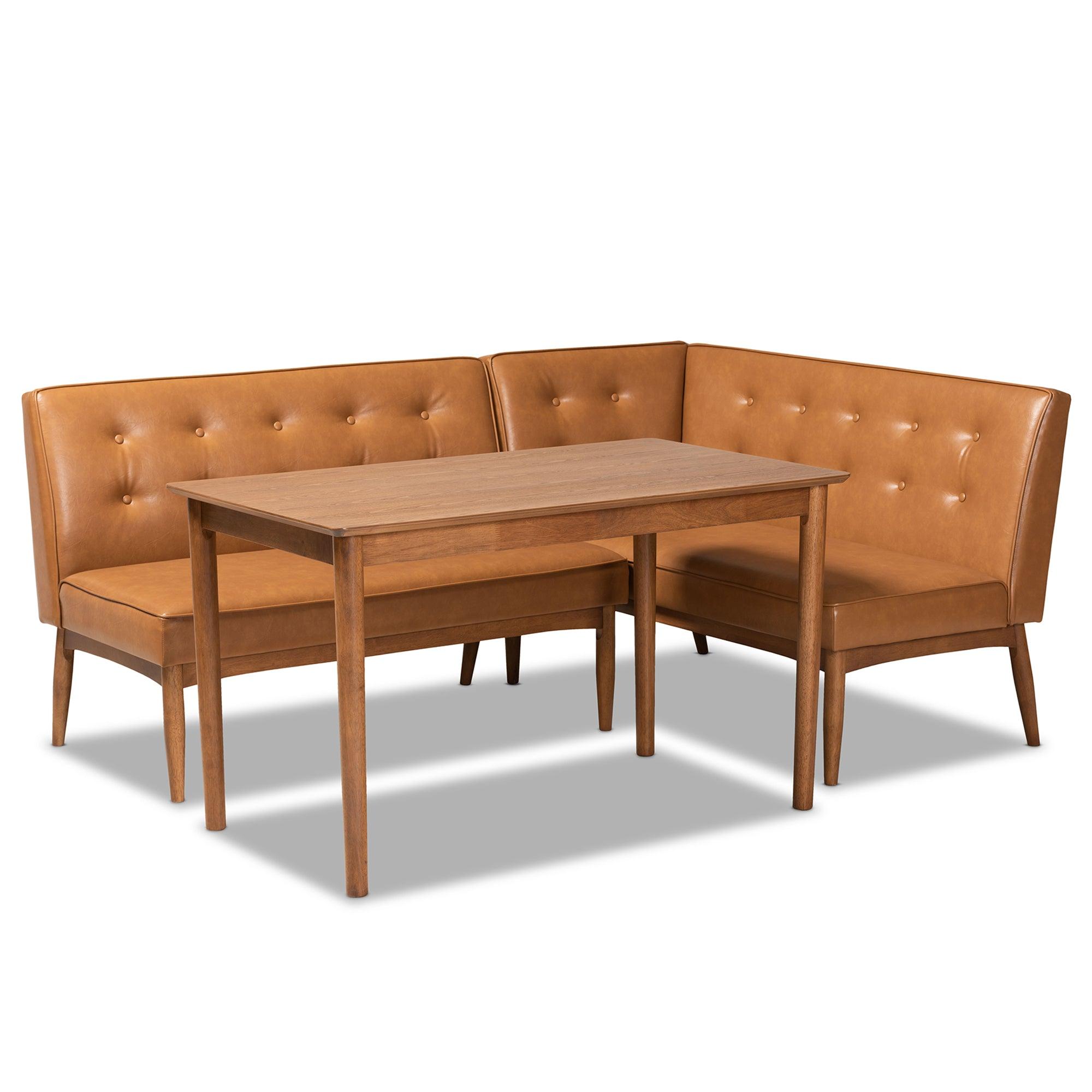 Arvid Mid-Century Modern Faux Leather Upholstered and Finished Wood 3-Piece Dining Nook Set