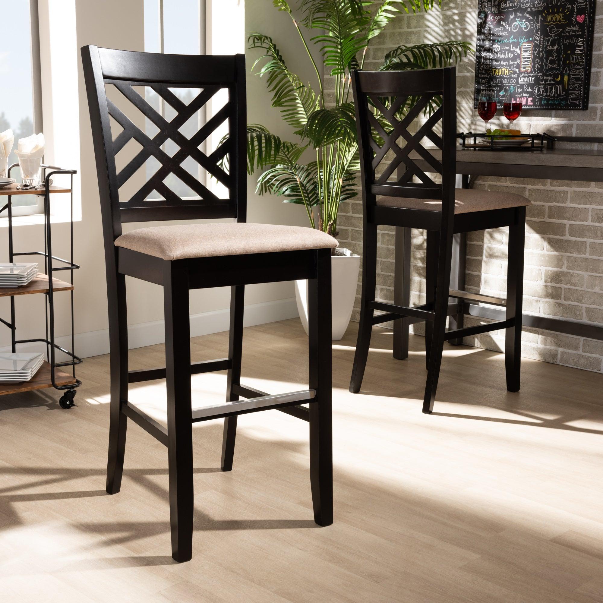 Jason Modern and Contemporary Sand Fabric Upholstered and Espresso Finished Wood 2-Piece Bar Stool Set