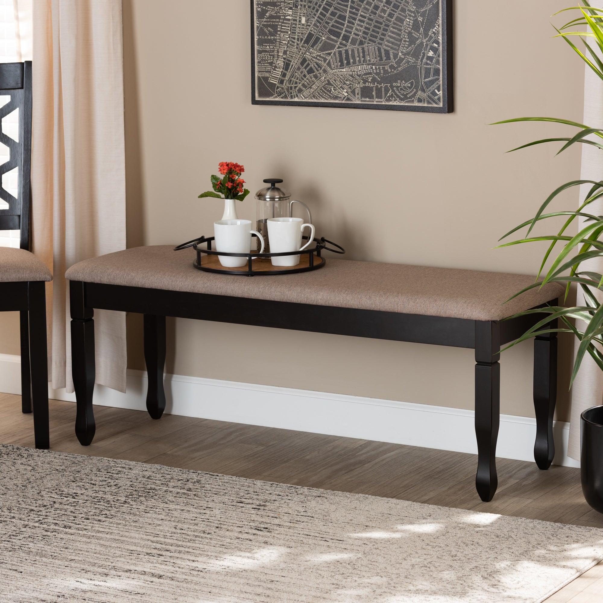 Corey Modern and Contemporary Sand Fabric Upholstered and Finished Wood Dining Bench
