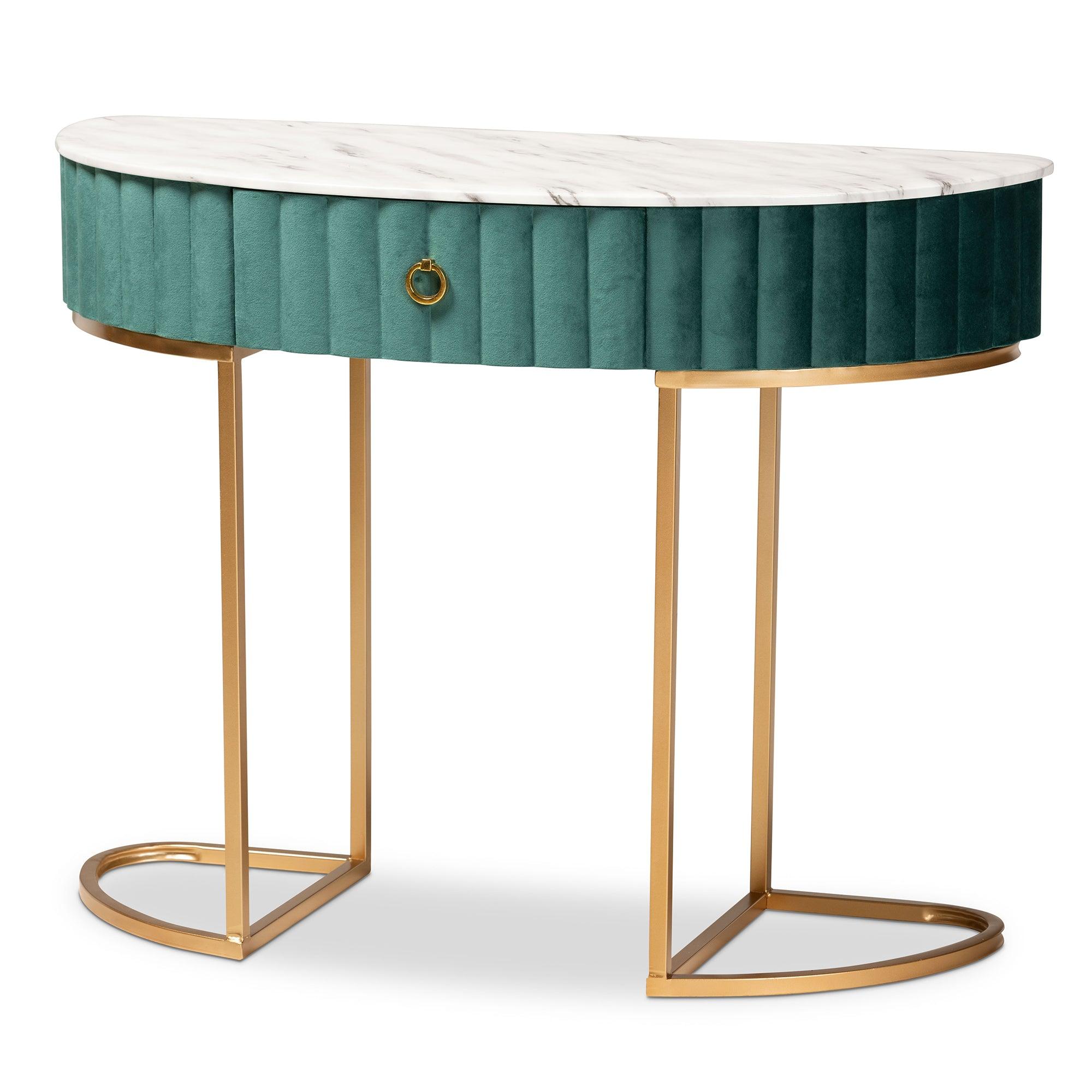 Beale Luxe and Glam Velvet Upholstered and Brushed Finished 1-Drawer Console Table