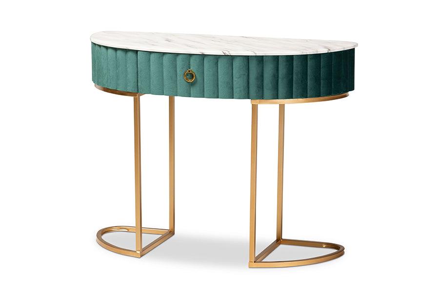 Beale Luxe and Glam Velvet Upholstered and Brushed Finished 1-Drawer Console Table