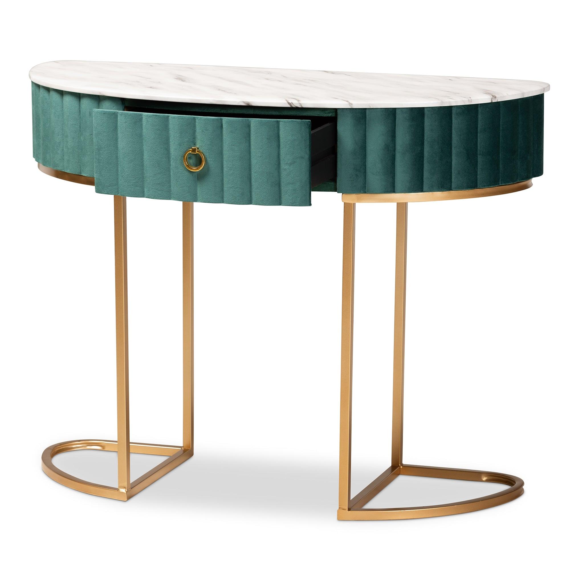 Beale Luxe and Glam Velvet Upholstered and Brushed Finished 1-Drawer Console Table