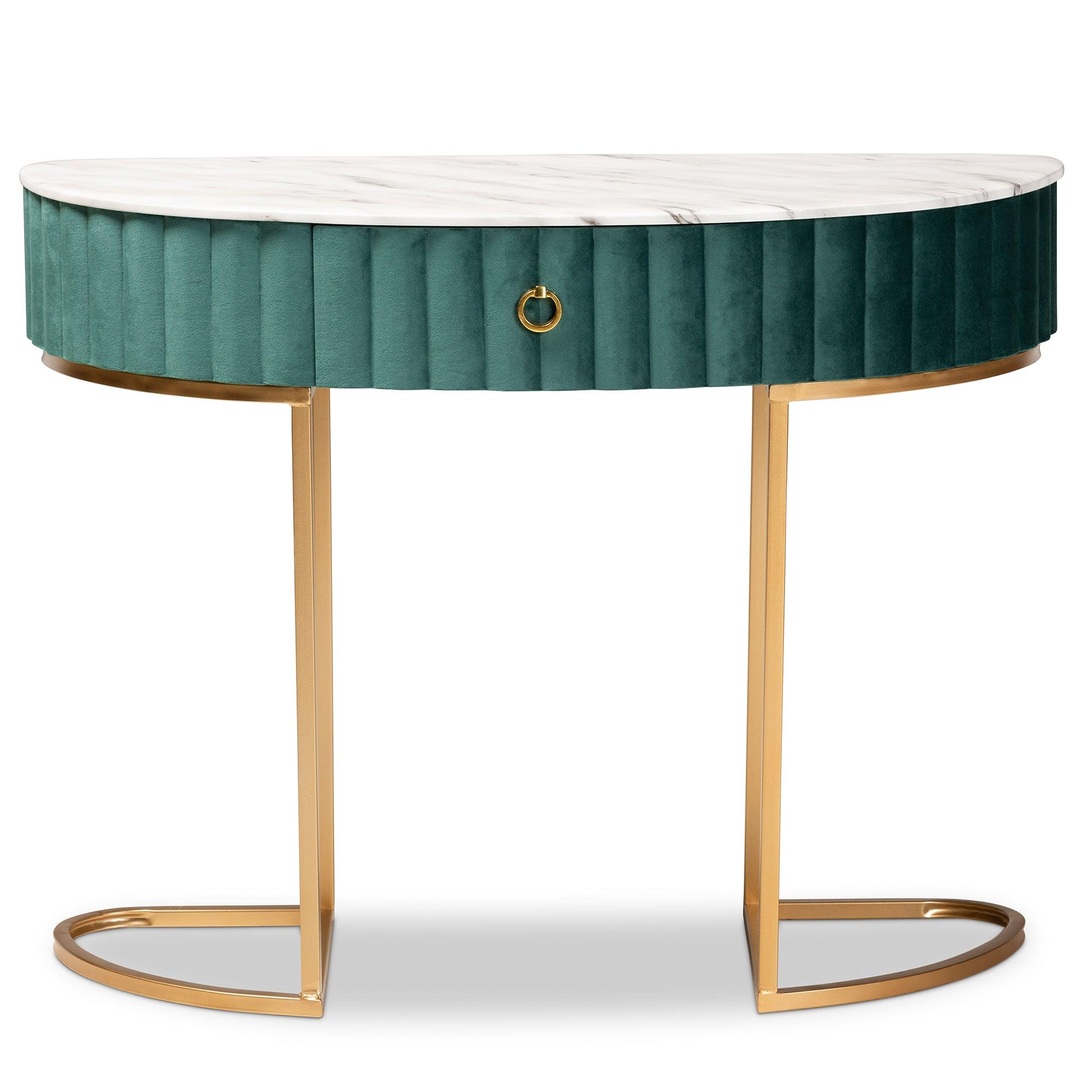 Beale Luxe and Glam Velvet Upholstered and Brushed Finished 1-Drawer Console Table