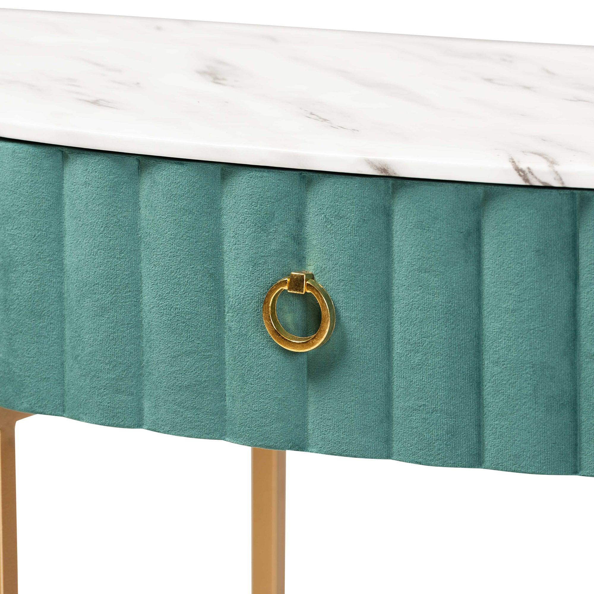 Beale Luxe and Glam Velvet Upholstered and Brushed Finished 1-Drawer Console Table
