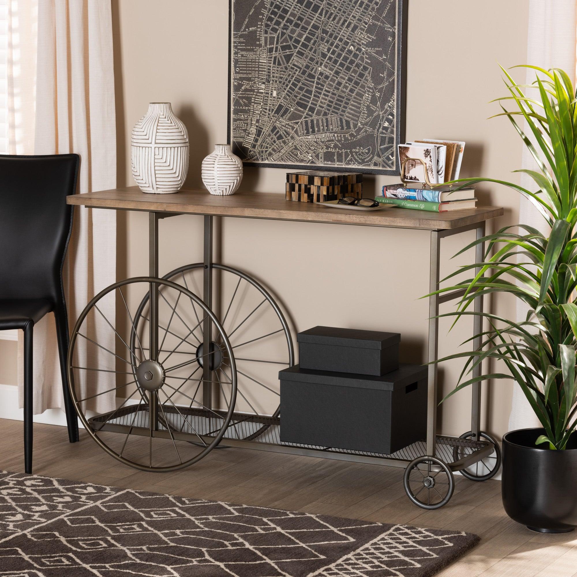 Terence Vintage Rustic Industrial Finished Wood and Finished Metal Wheeled Console Table