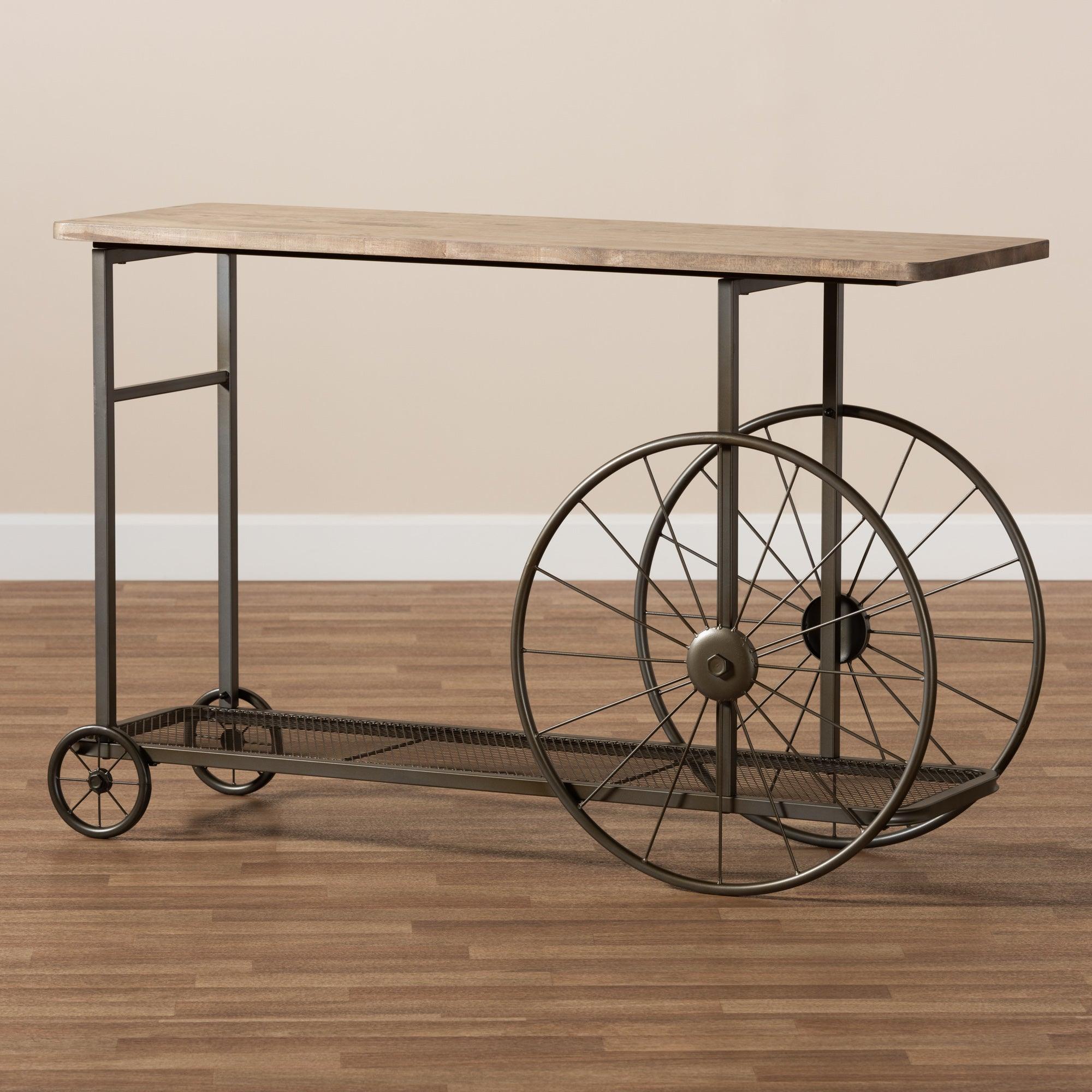 Terence Vintage Rustic Industrial Finished Wood and Finished Metal Wheeled Console Table