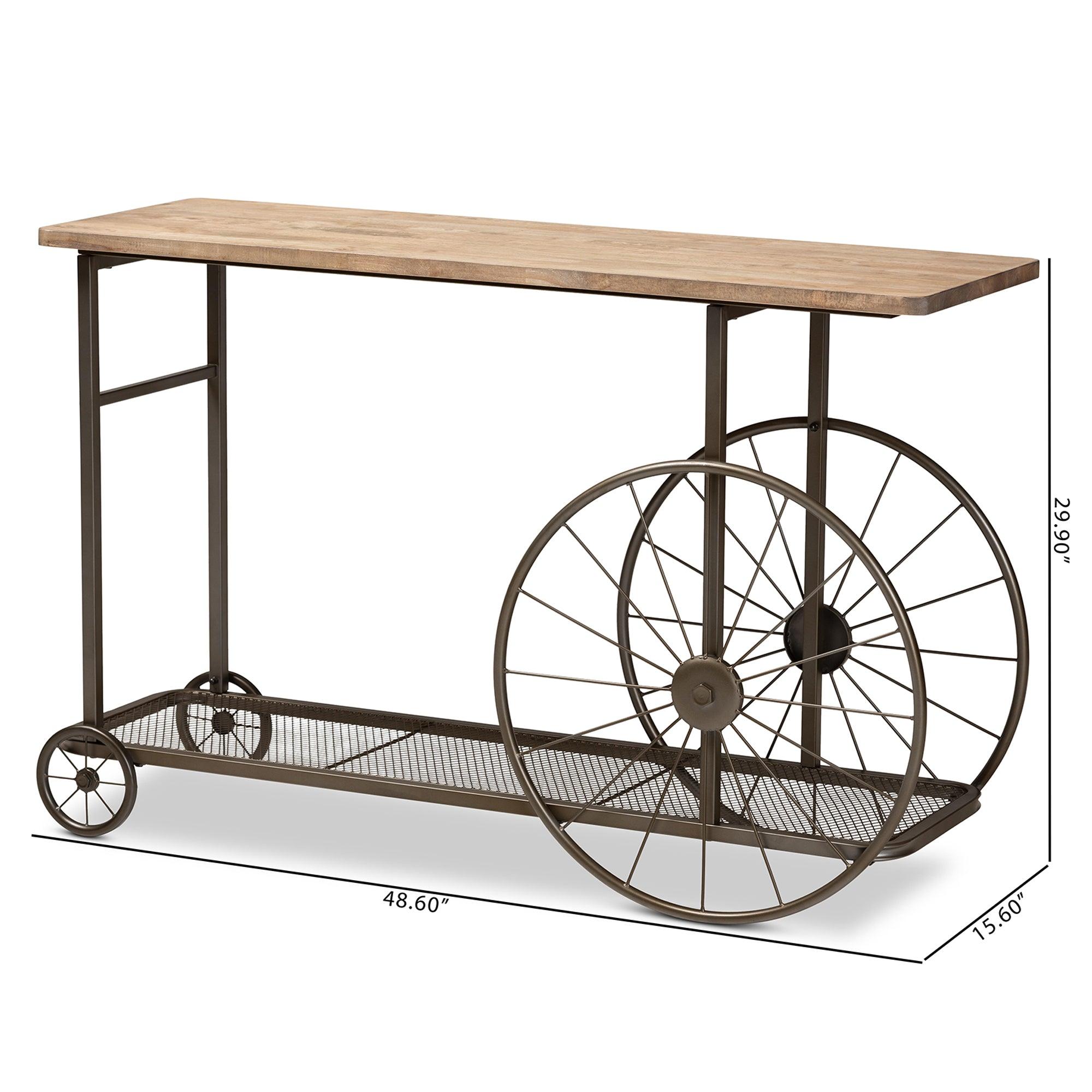 Terence Vintage Rustic Industrial Finished Wood and Finished Metal Wheeled Console Table