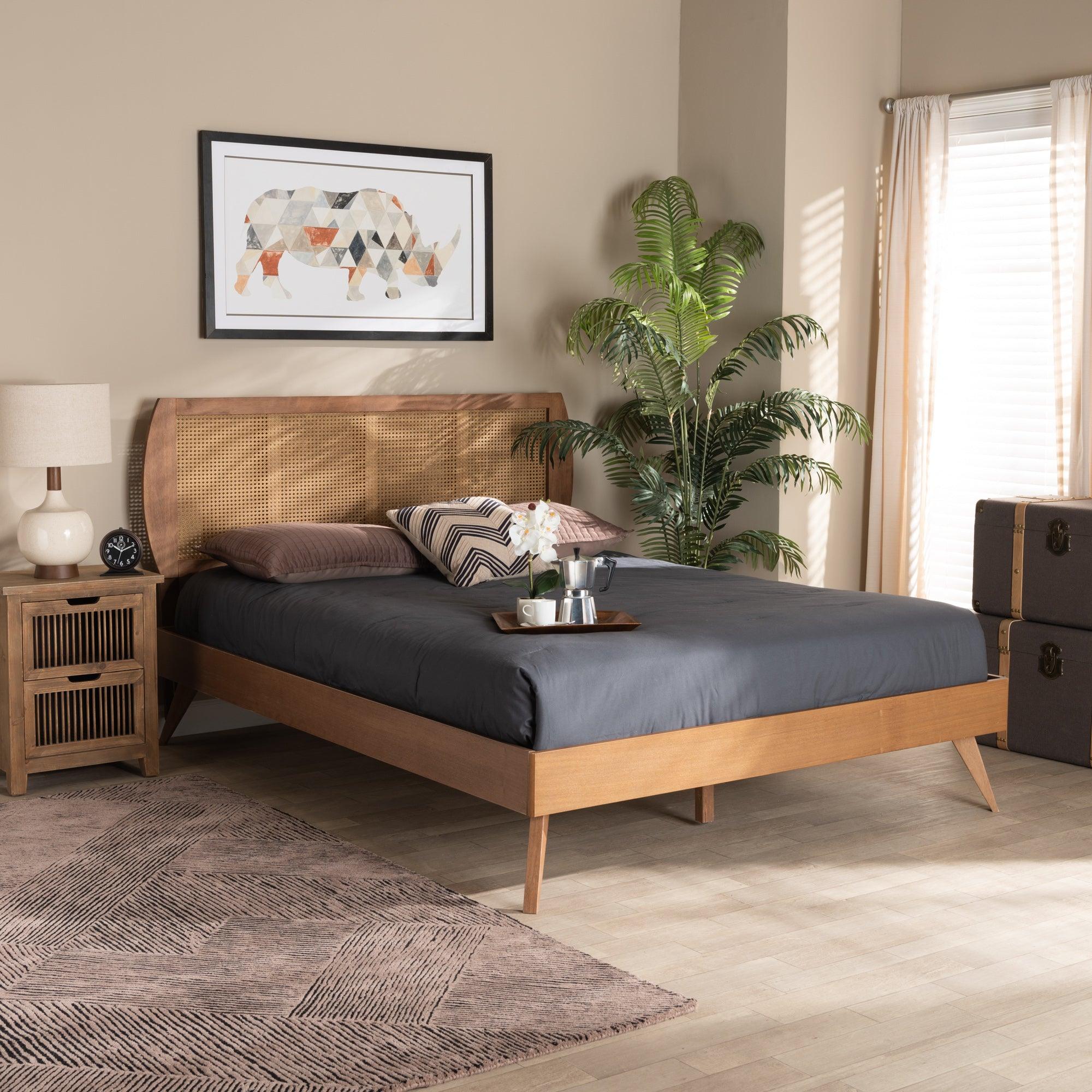 Asami Mid-Century Modern Finished Wood and Synthetic Rattan Platform Bed