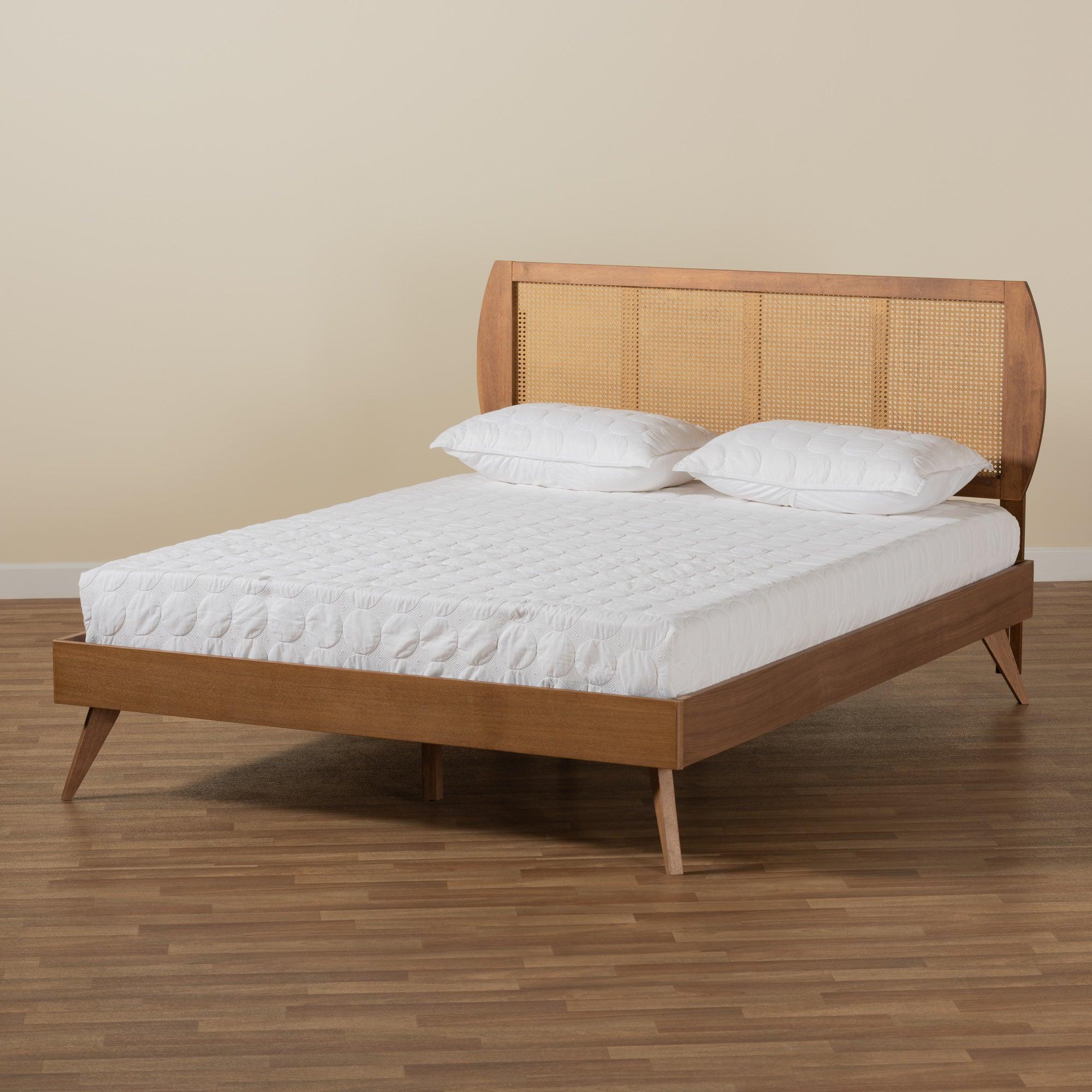 Asami Mid-Century Modern Finished Wood and Synthetic Rattan Platform Bed