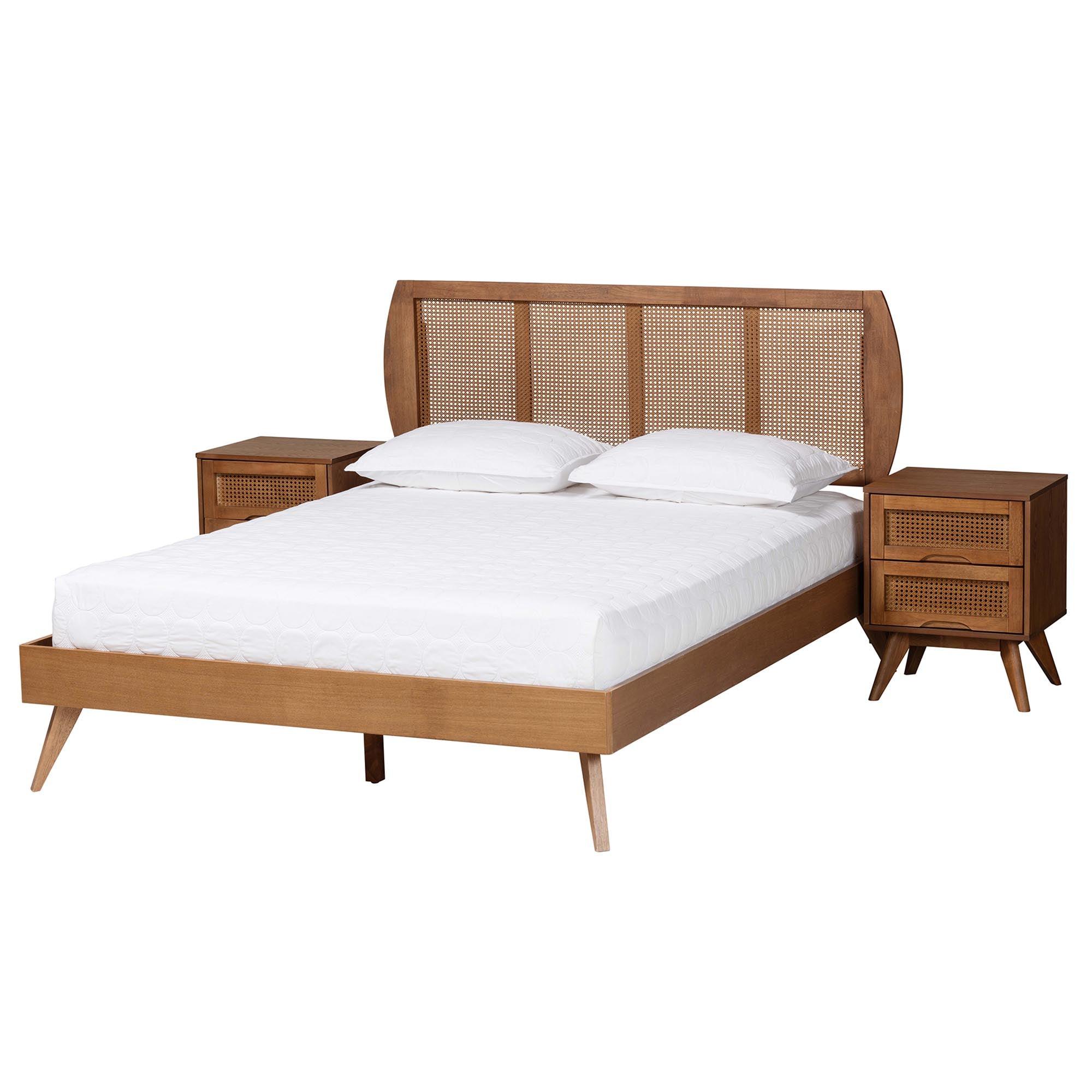 Asami Mid-Century Modern Finished Wood and Woven Rattan 3-Piece Bedroom Set