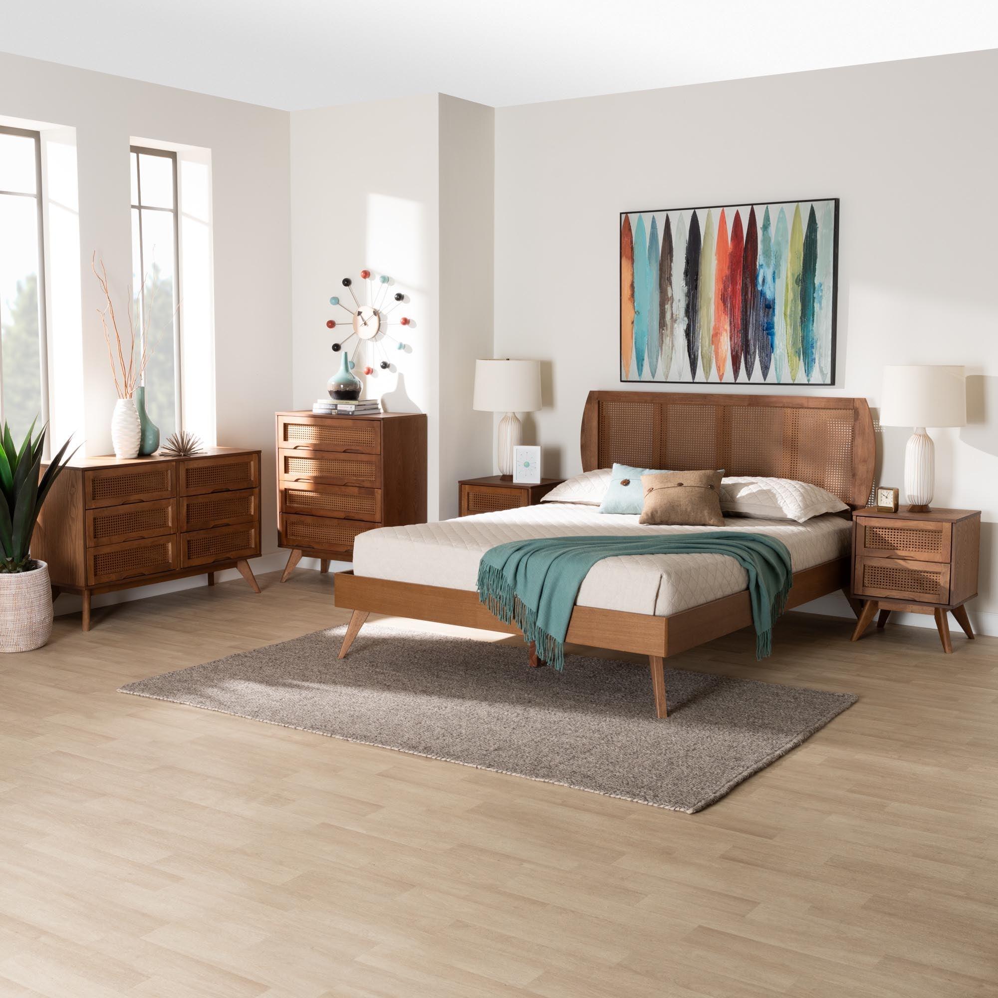 Asami Mid-Century Modern Finished Wood and Woven Rattan 5-Piece Bedroom Set