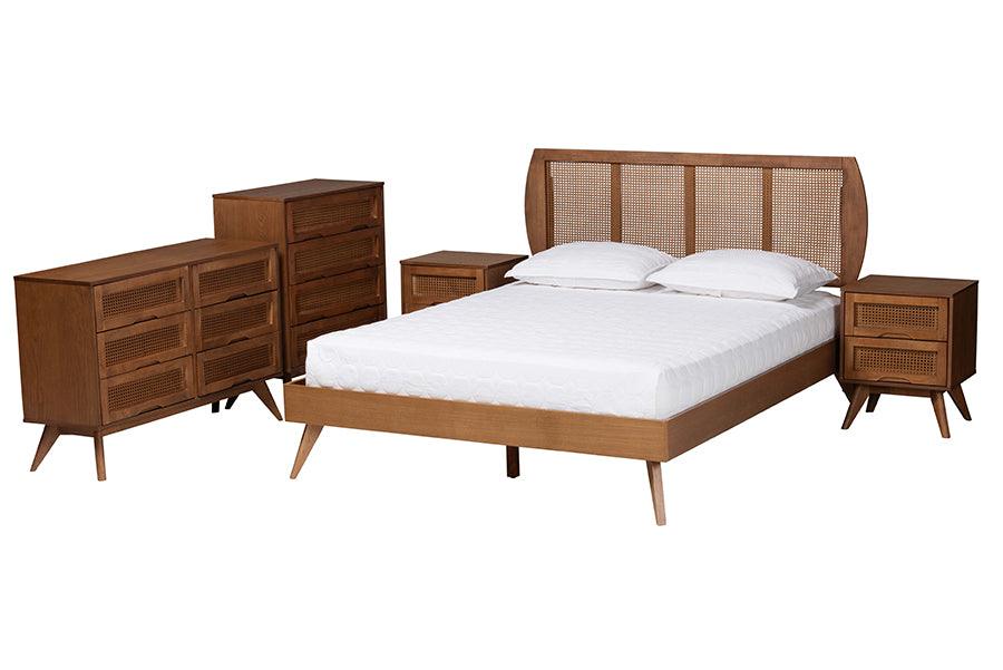 Asami Mid-Century Modern Finished Wood and Woven Rattan 5-Piece Bedroom Set