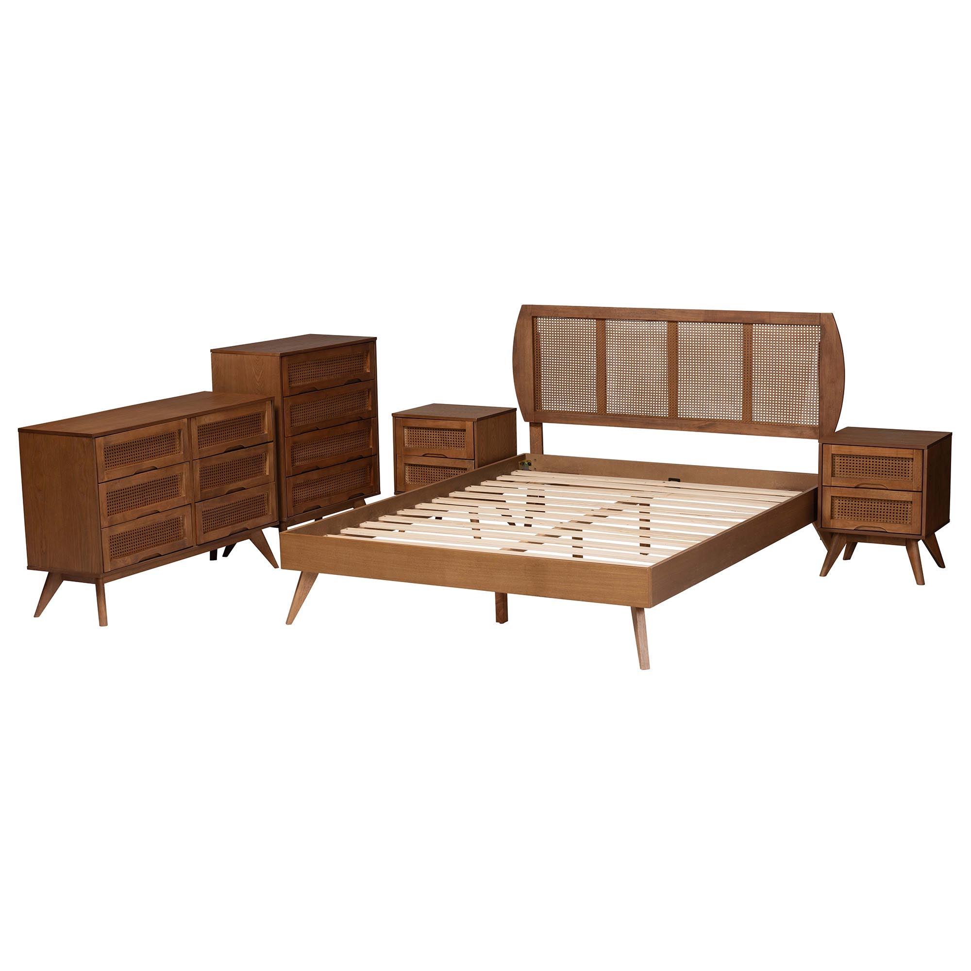 Asami Mid-Century Modern Finished Wood and Woven Rattan 5-Piece Bedroom Set