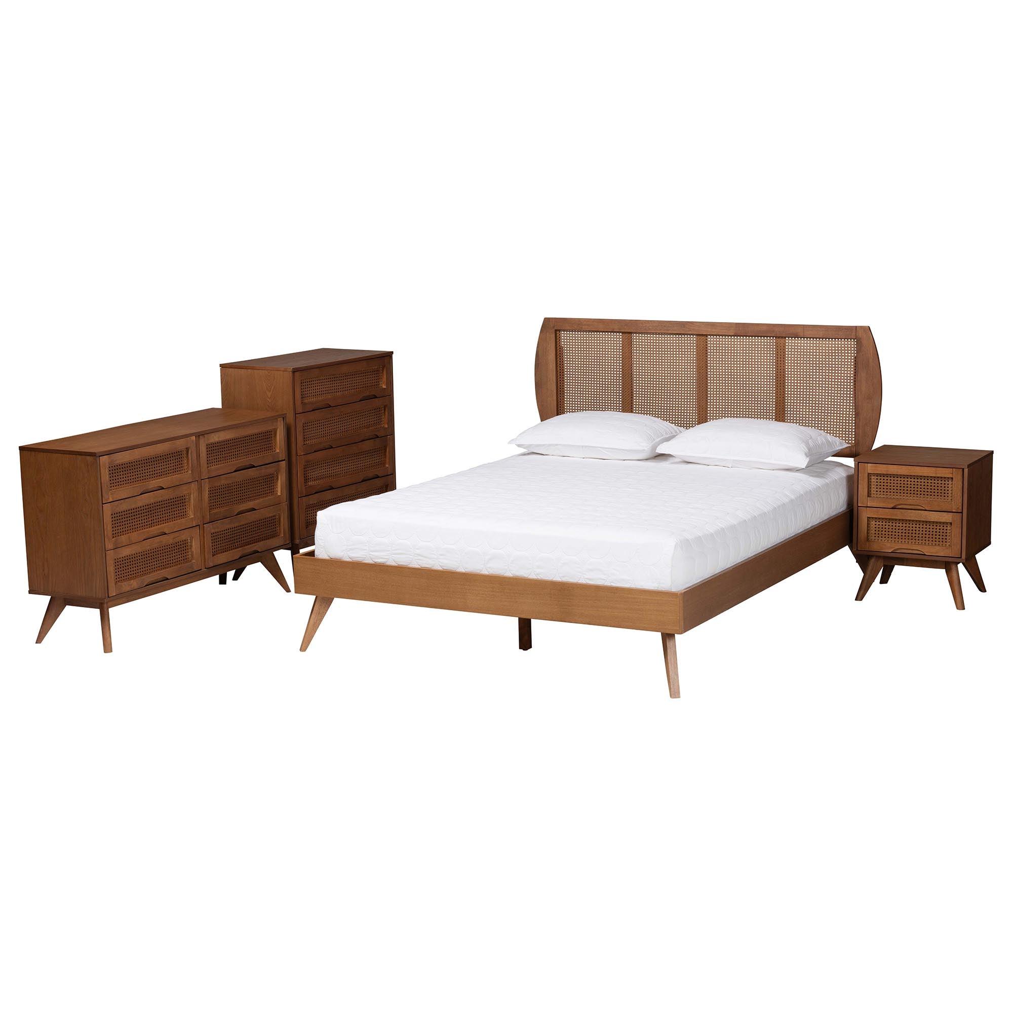 Asami Mid-Century Modern Finished Wood and Woven Rattan 4-Piece Bedroom Set