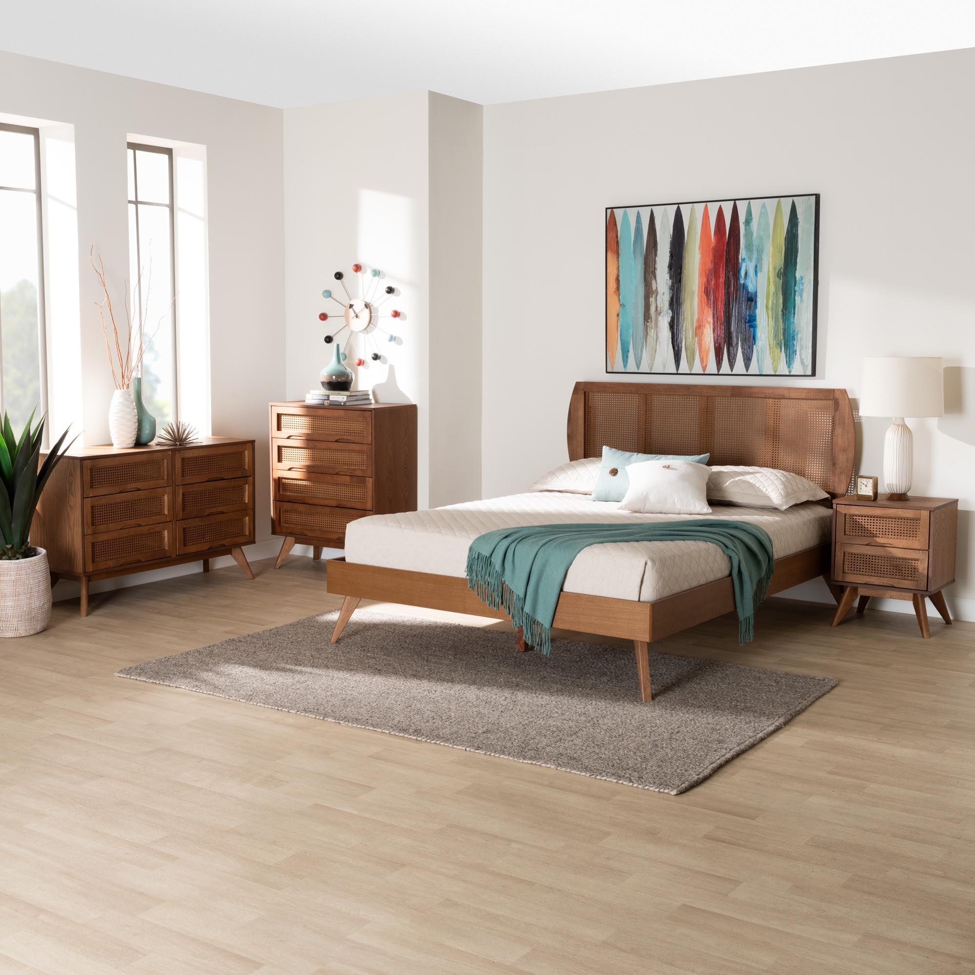 Asami Mid-Century Modern Finished Wood and Woven Rattan 4-Piece Bedroom Set
