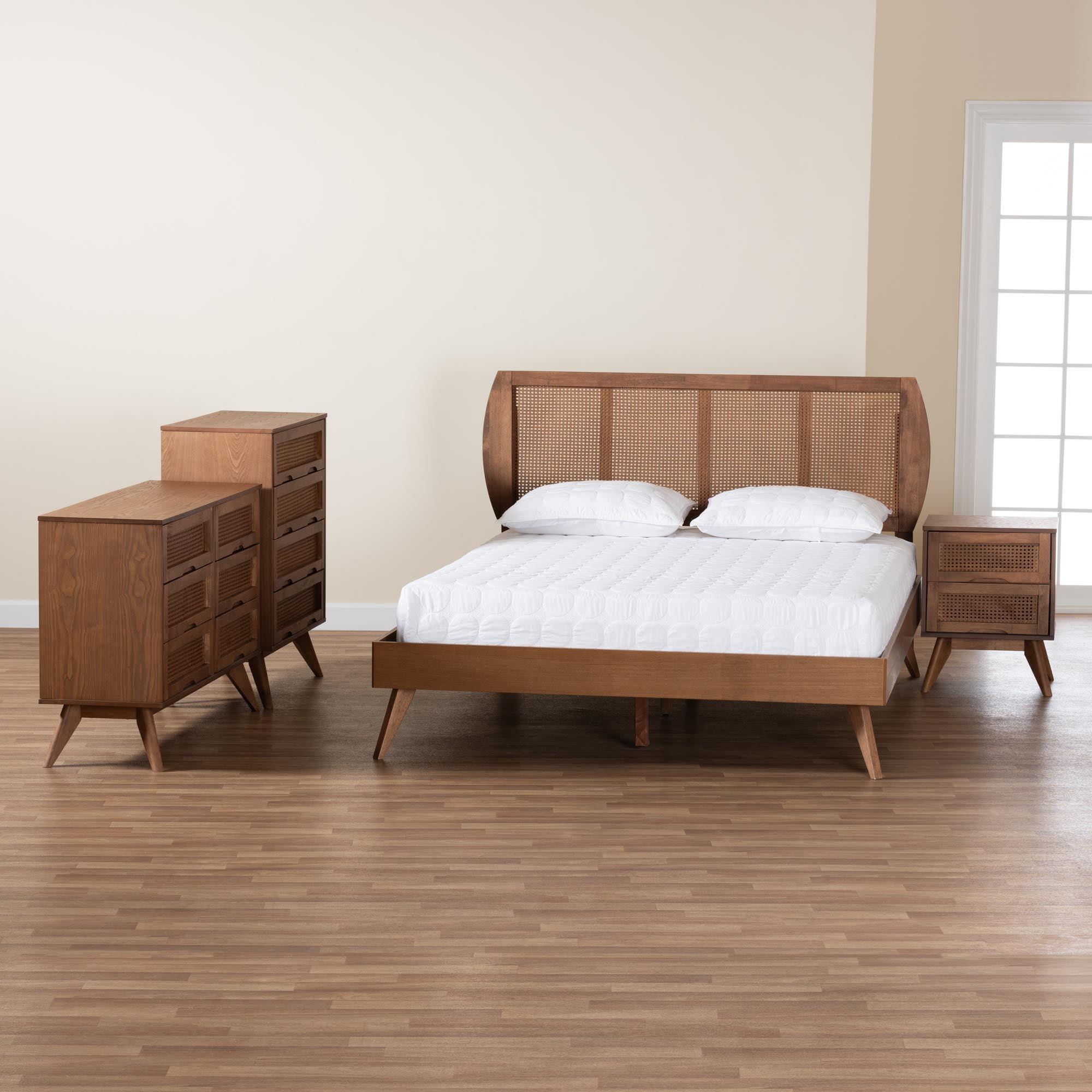 Asami Mid-Century Modern Finished Wood and Woven Rattan 4-Piece Bedroom Set