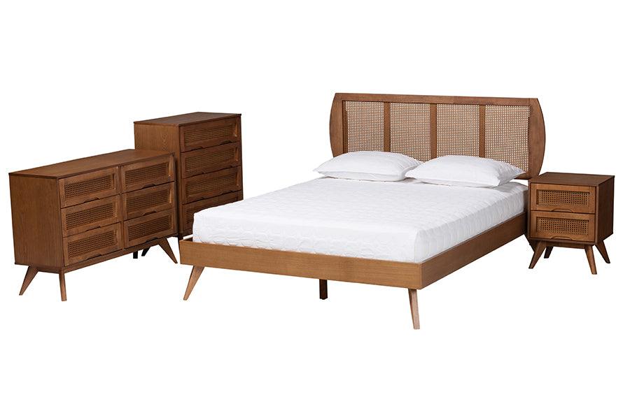 Asami Mid-Century Modern Finished Wood and Woven Rattan 4-Piece Bedroom Set