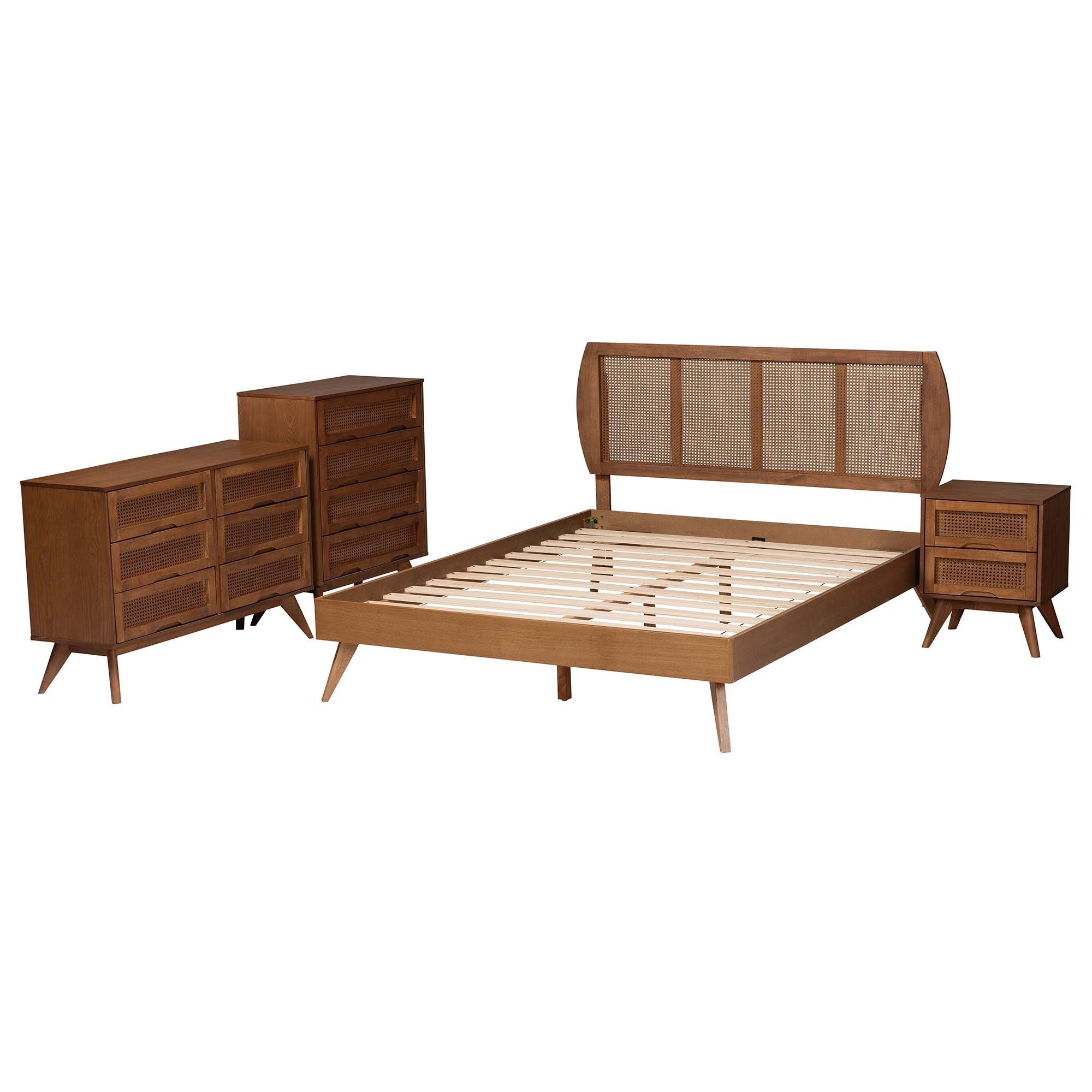 Asami Mid-Century Modern Finished Wood and Woven Rattan 4-Piece Bedroom Set