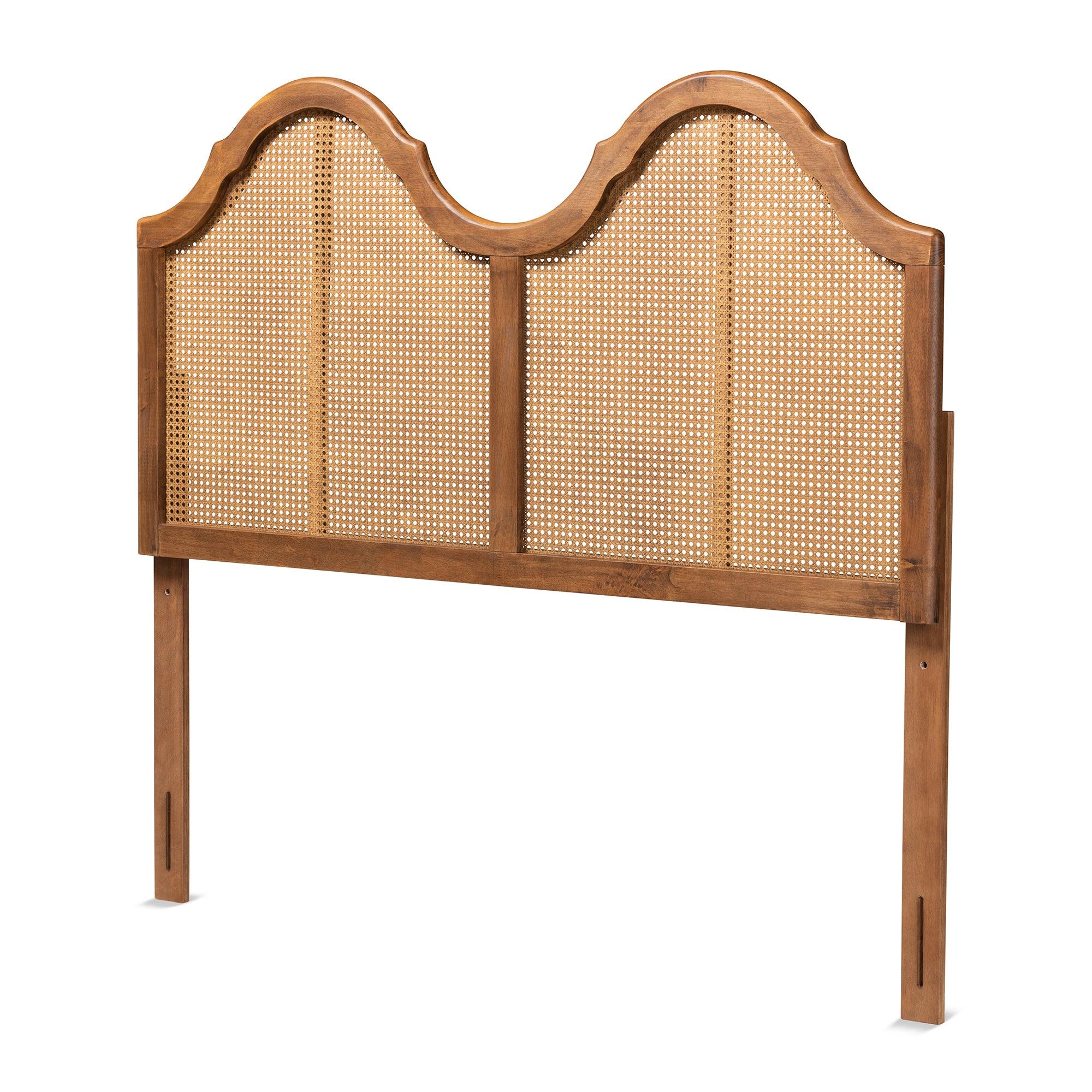 Hazel Vintage Classic and Traditional Ash Finished Wood and Synthetic Rattan Arched Headboard
