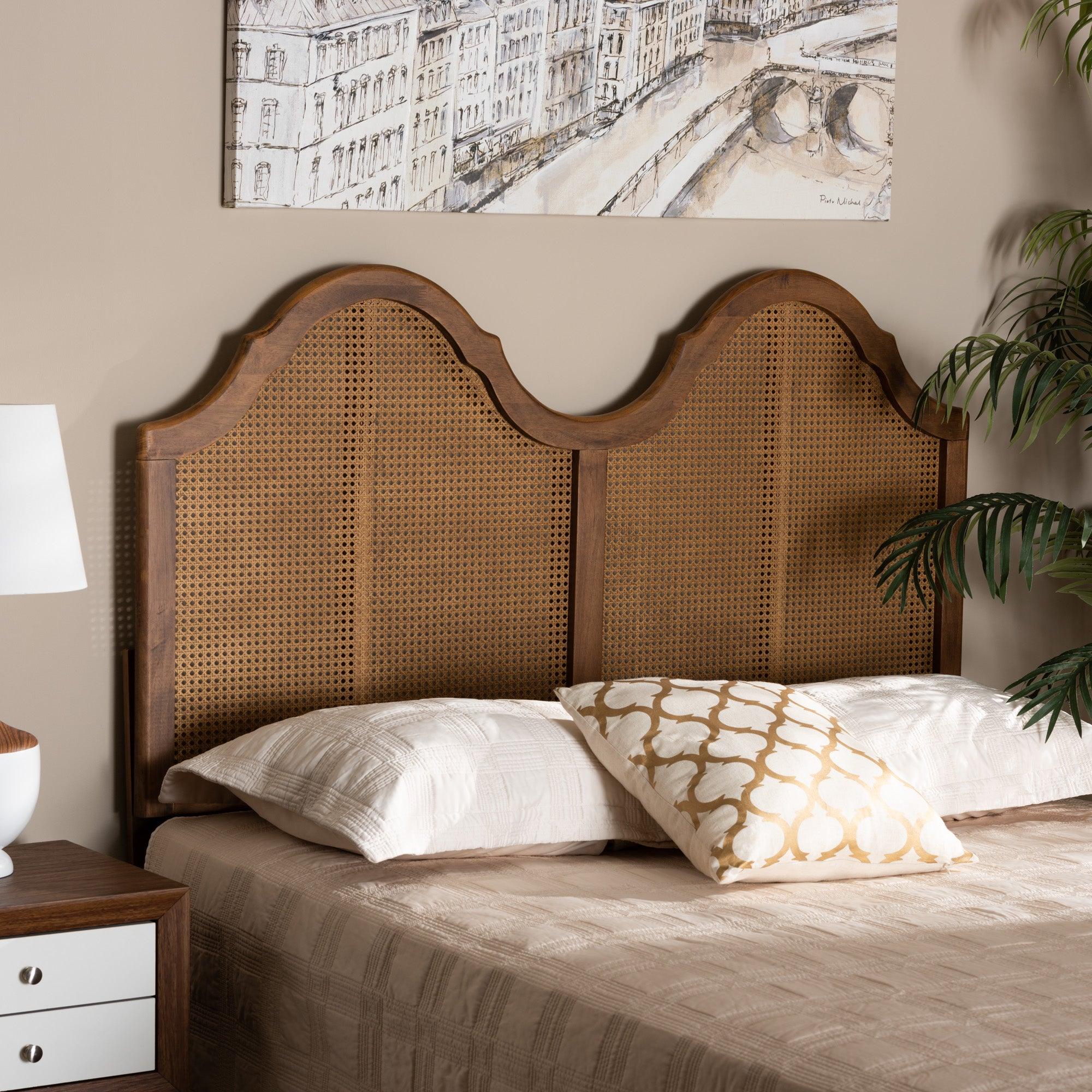 Hazel Vintage Classic and Traditional Ash Finished Wood and Synthetic Rattan Arched Headboard