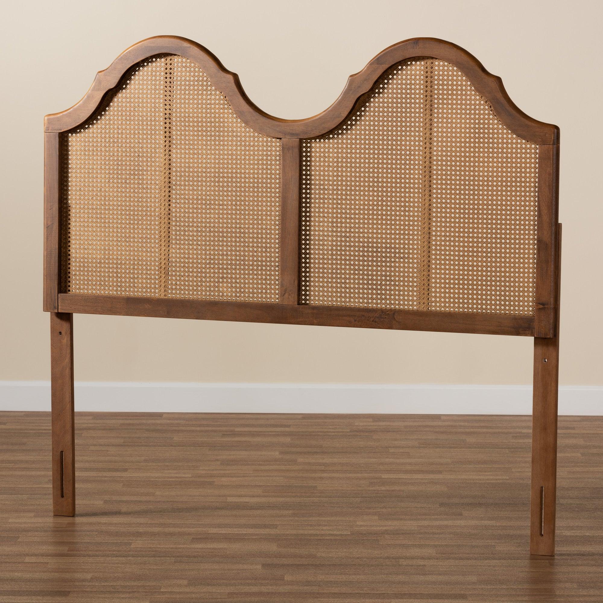 Hazel Vintage Classic and Traditional Ash Finished Wood and Synthetic Rattan Arched Headboard