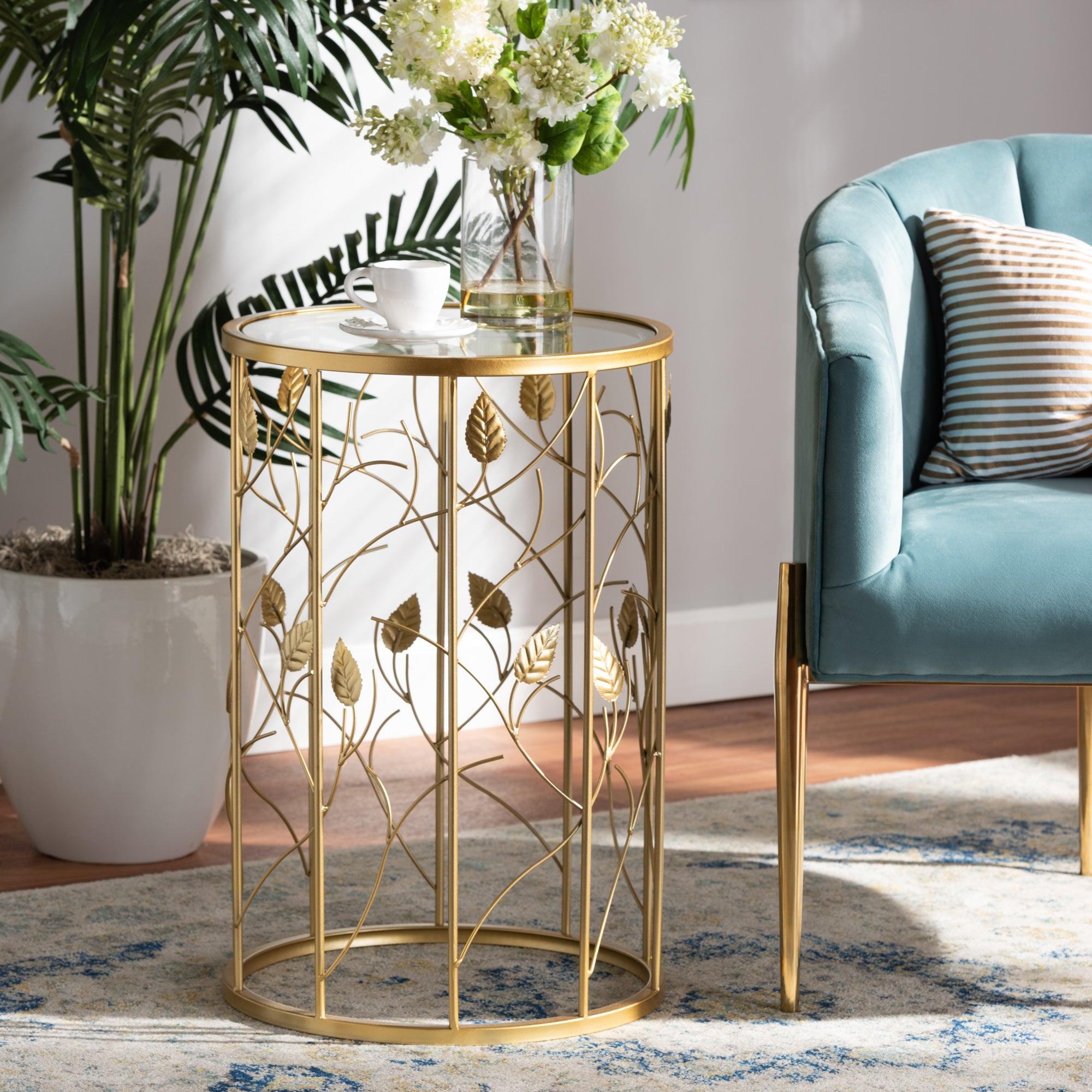 Anaya Modern and Contemporary Glam Brushed Finished Metal and Glass Leaf Accent End Table