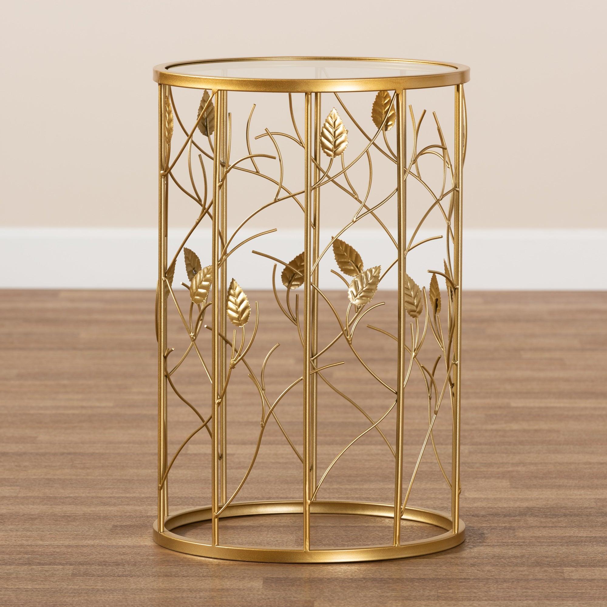 Anaya Modern and Contemporary Glam Brushed Finished Metal and Glass Leaf Accent End Table