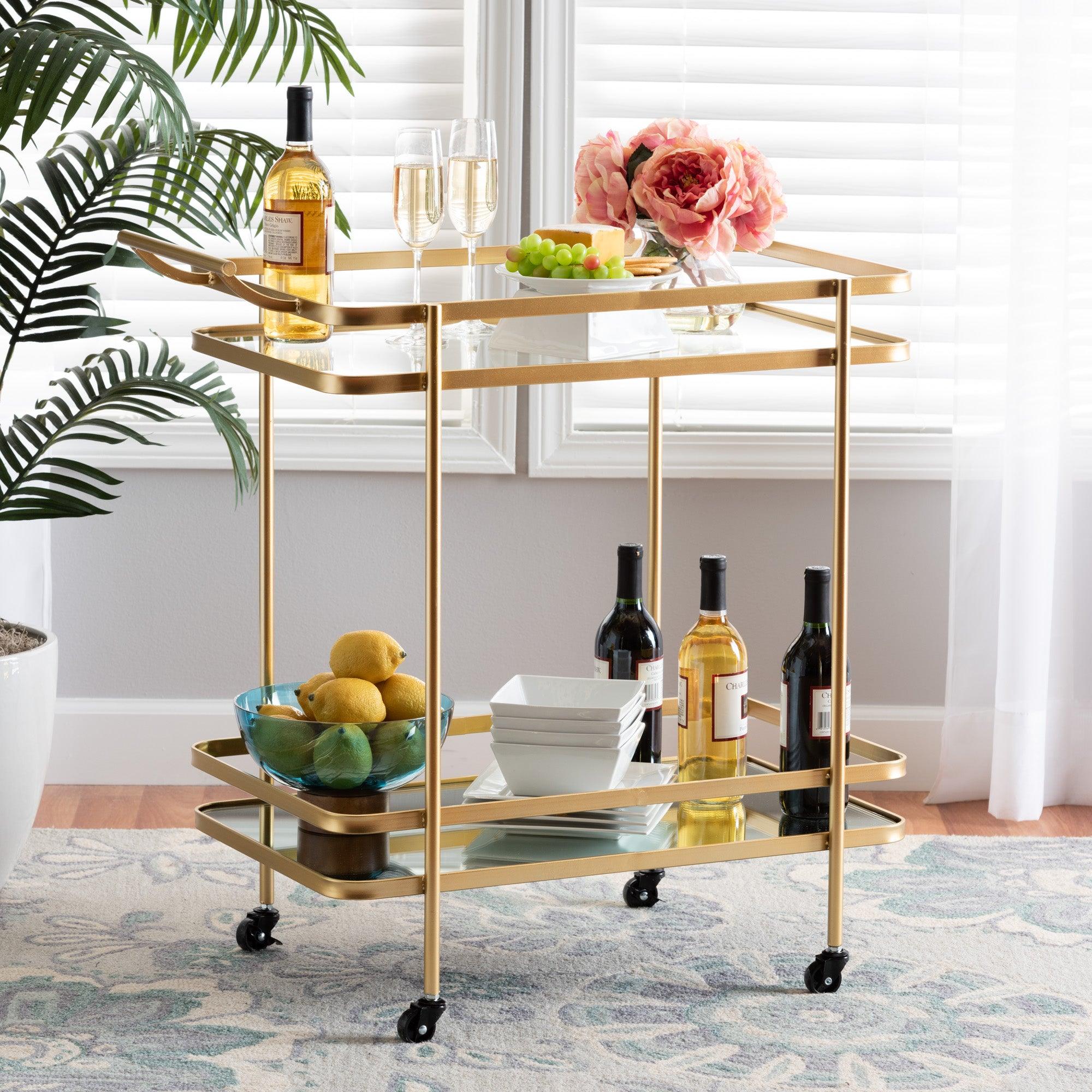 Destin Modern and Contemporary Glam Brushed Finished Metal and Mirrored Glass 2-Tier Mobile Wine Bar Cart