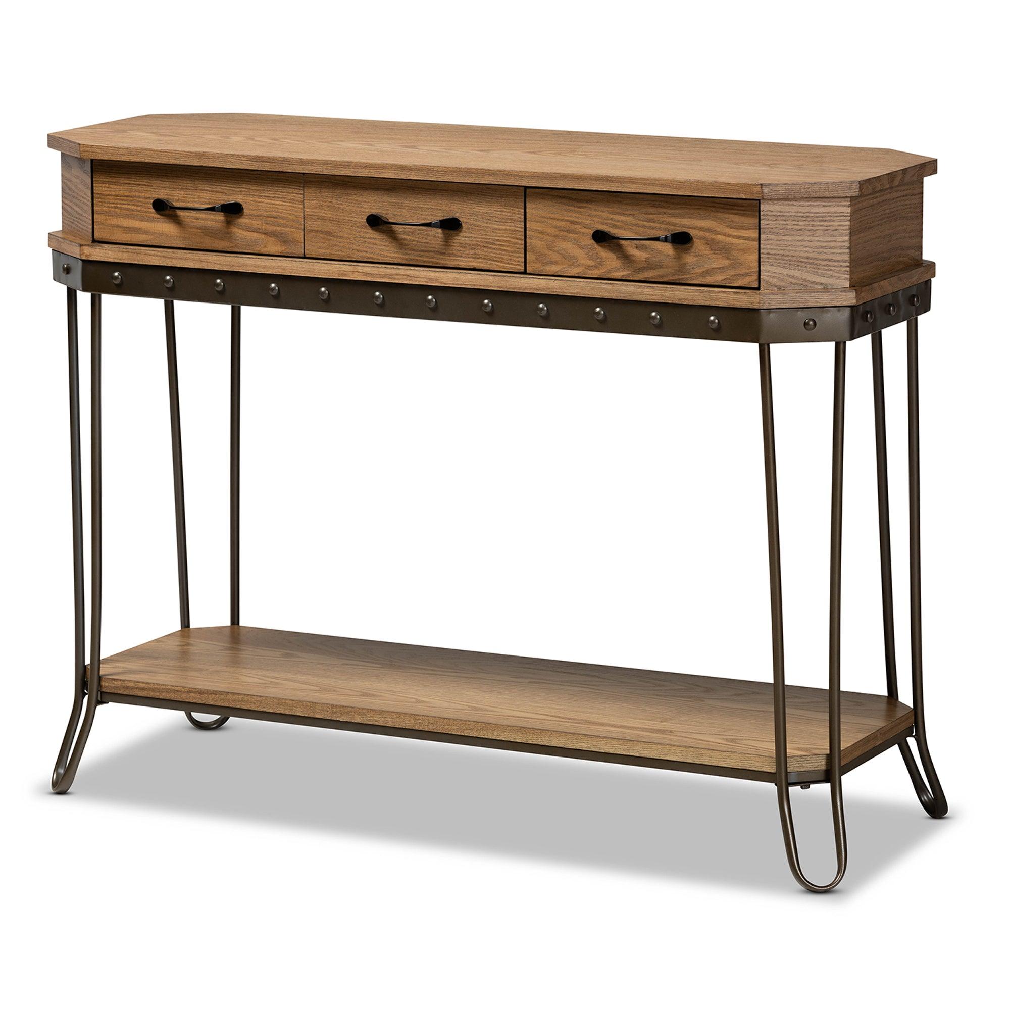 Kellyn Vintage Rustic Industrial Finished Wood and Finished Metal 3-Drawer Console Table