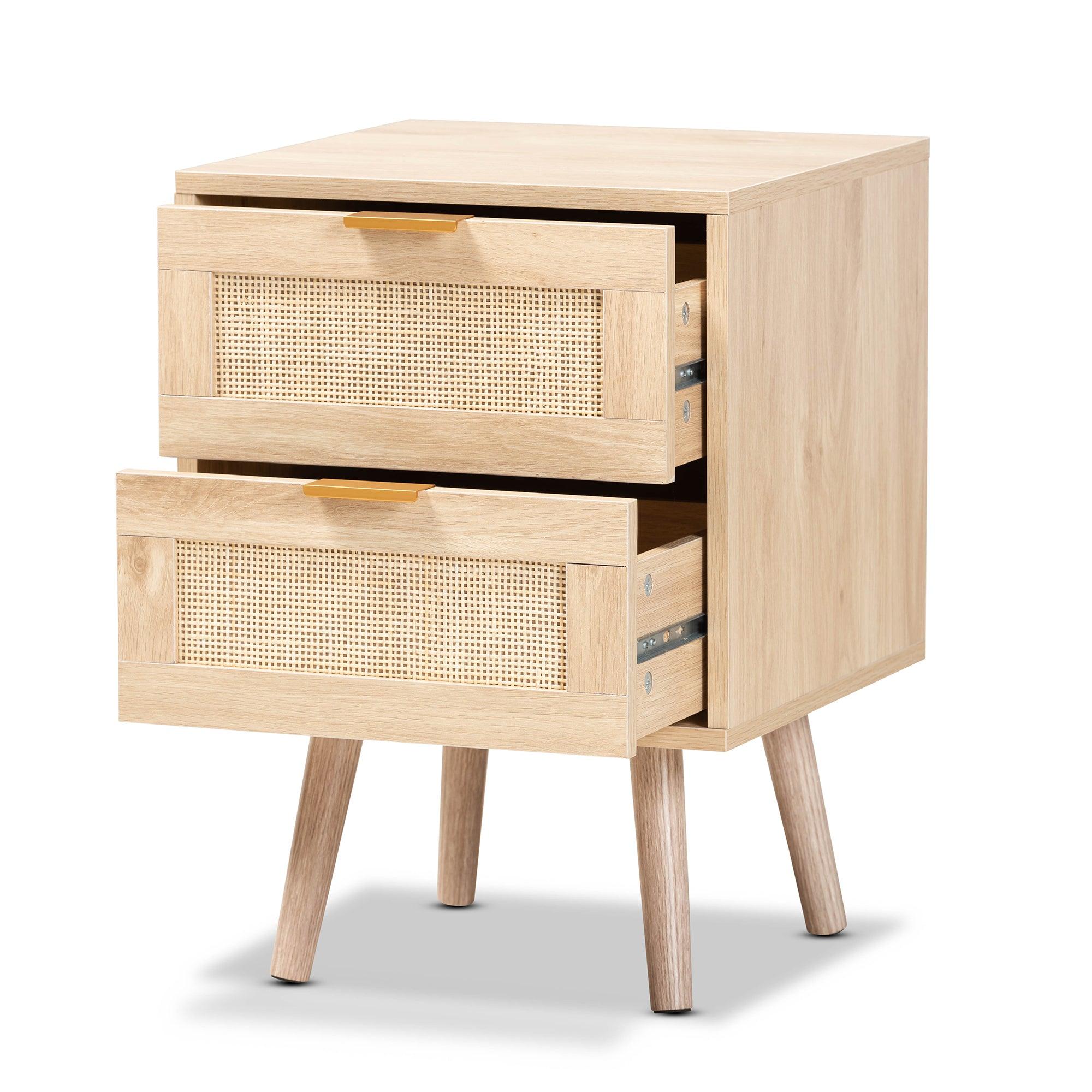 Baird Mid-Century Modern Light Finished Wood and Rattan 2-Drawer End Table